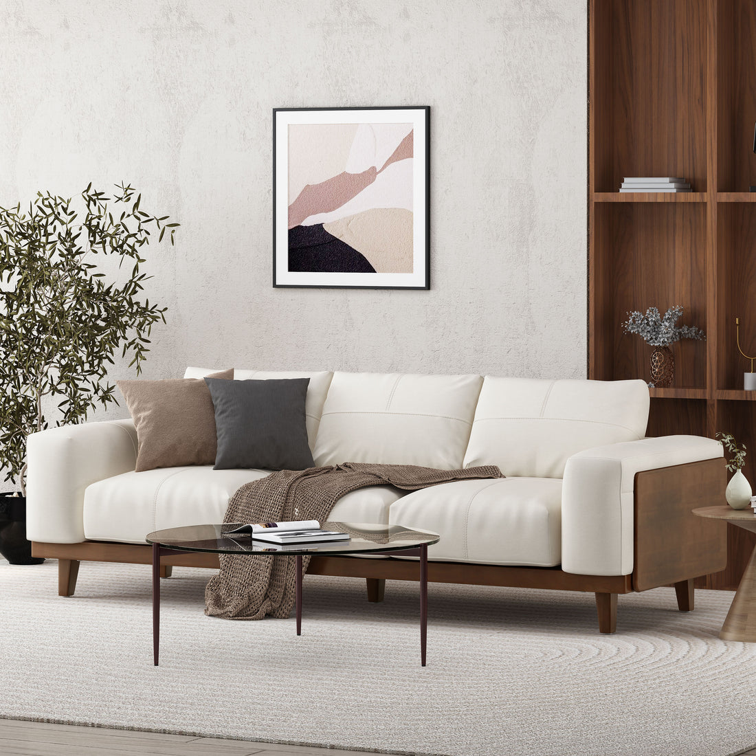 3 Seater Sofa Beige Wood 3 Seat