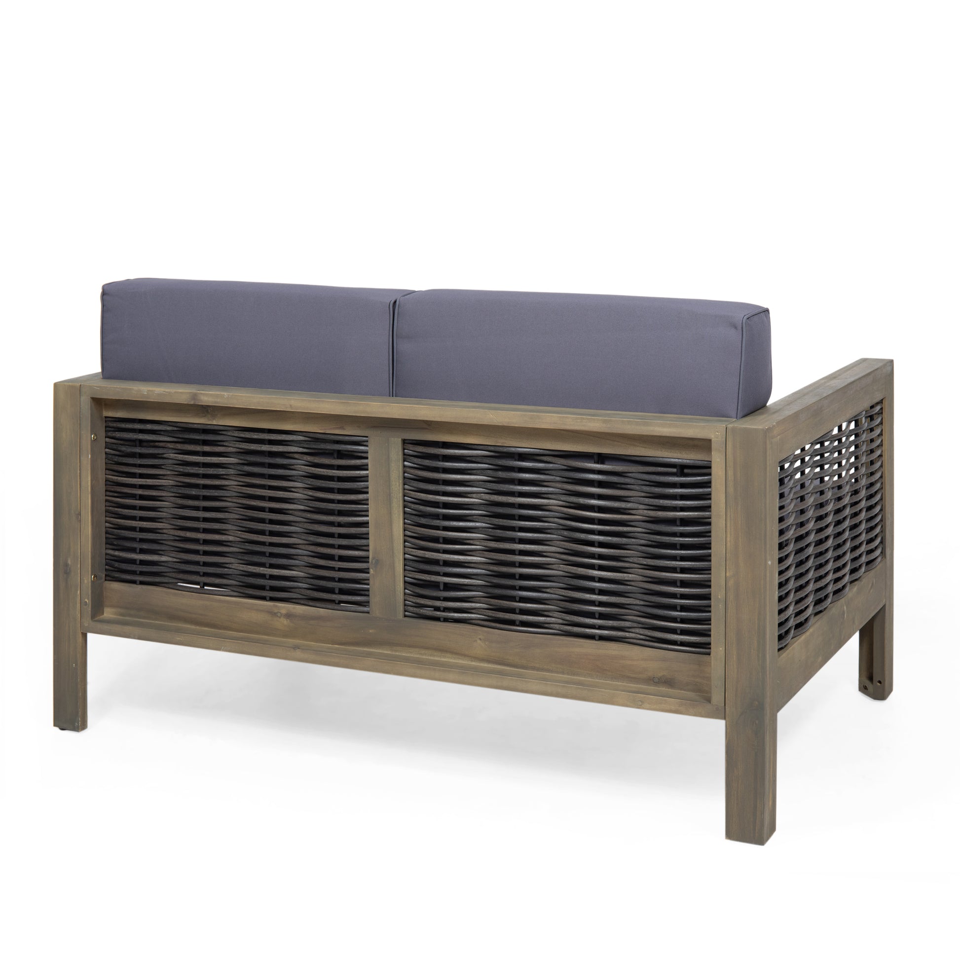 Outdoor Acacia Wood And Wicker Loveseat And Coffee Table Set With Cushions, Gray Mixed Gray Dark Gray Gray Acacia Wood