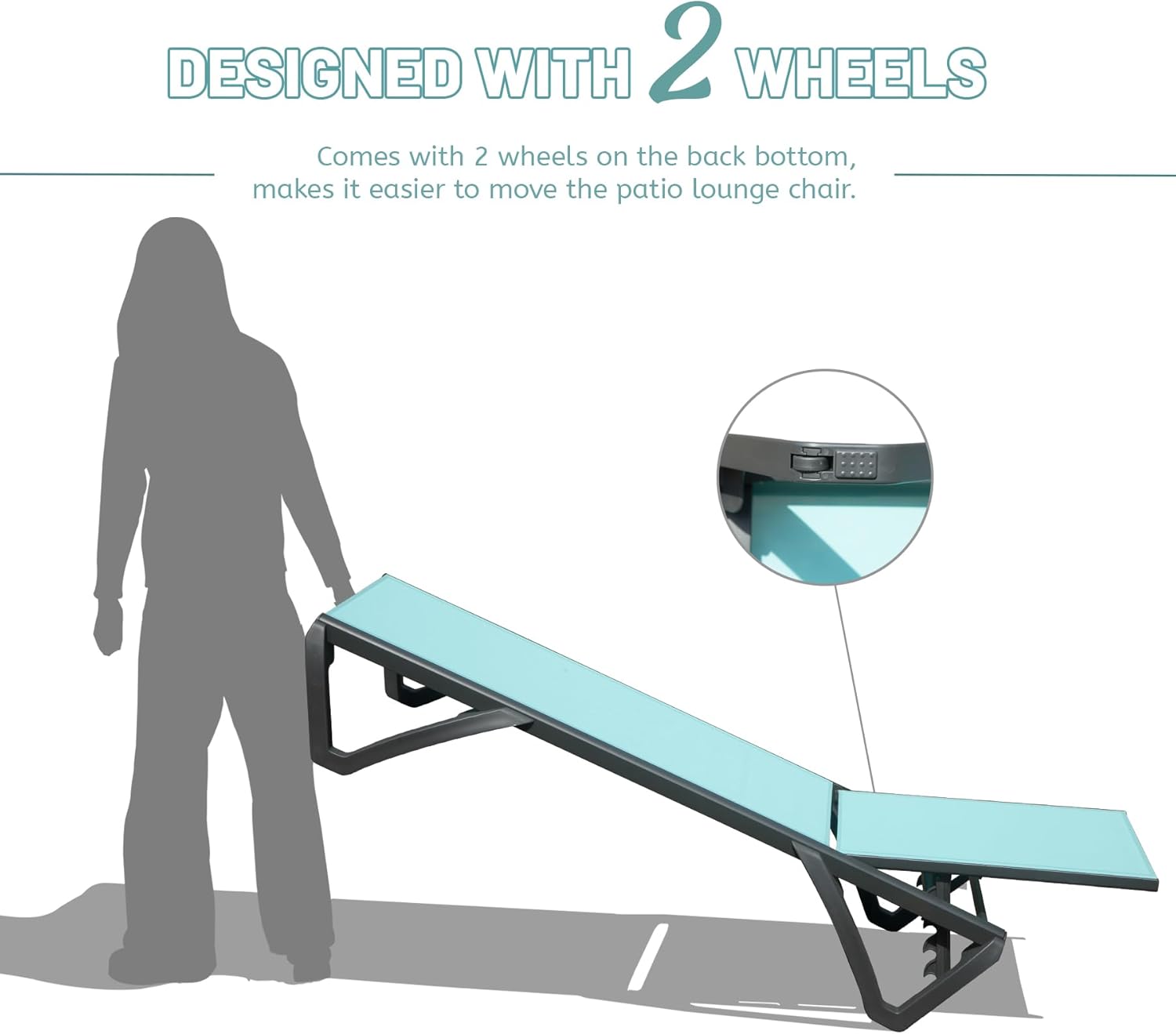 Outdoor Lounge Chair, Aluminum Plastic Patio Chaise Lounge With Side Table & 5 Position Adjustable Backrest & Wheels, All Weather Reclining Chair For Outside Beach Poolside Lawn, Lake Blue Lake Blue Aluminum