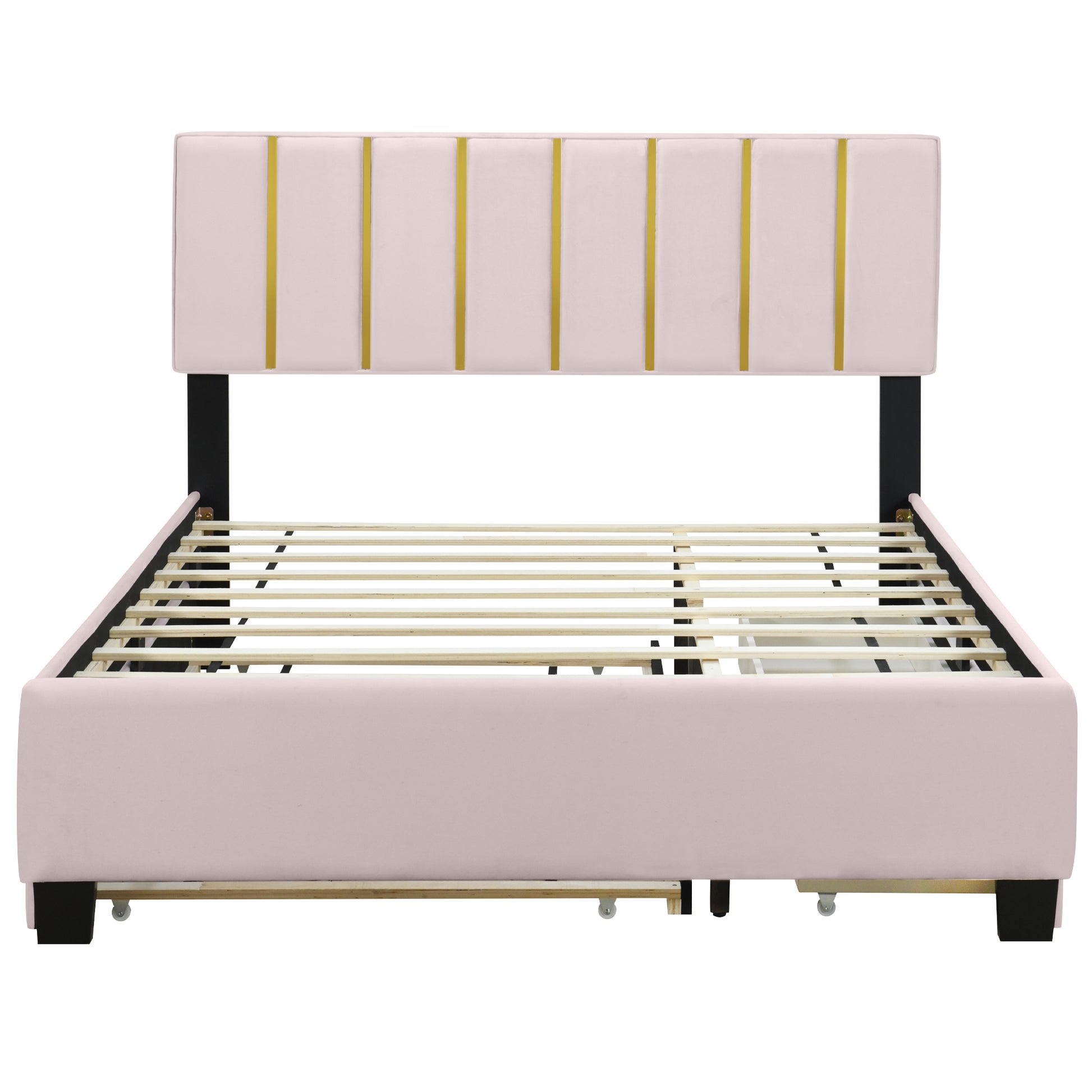 Queen Size Upholstered Platform Bed With 2 Drawers And 1 Trundle, Classic Metal Strip Headboard Design, Pink Queen Pink Mdf Lvl
