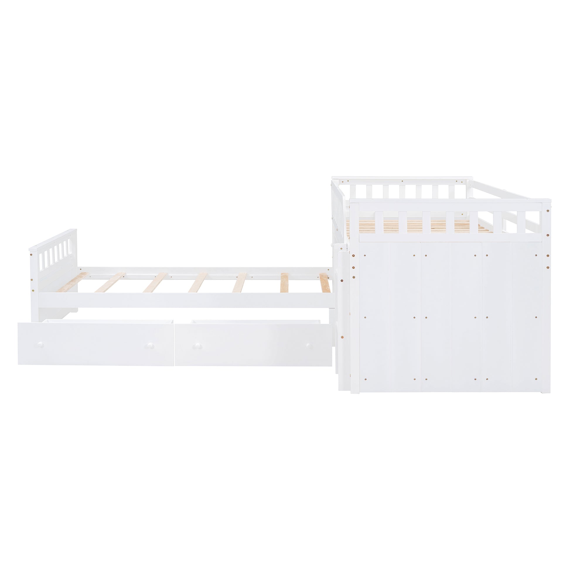 L Shaped Space Saving Twin Loft And Twin Platform Bed With 7 Drawers And Full Guardrails White Twin White Solid Wood