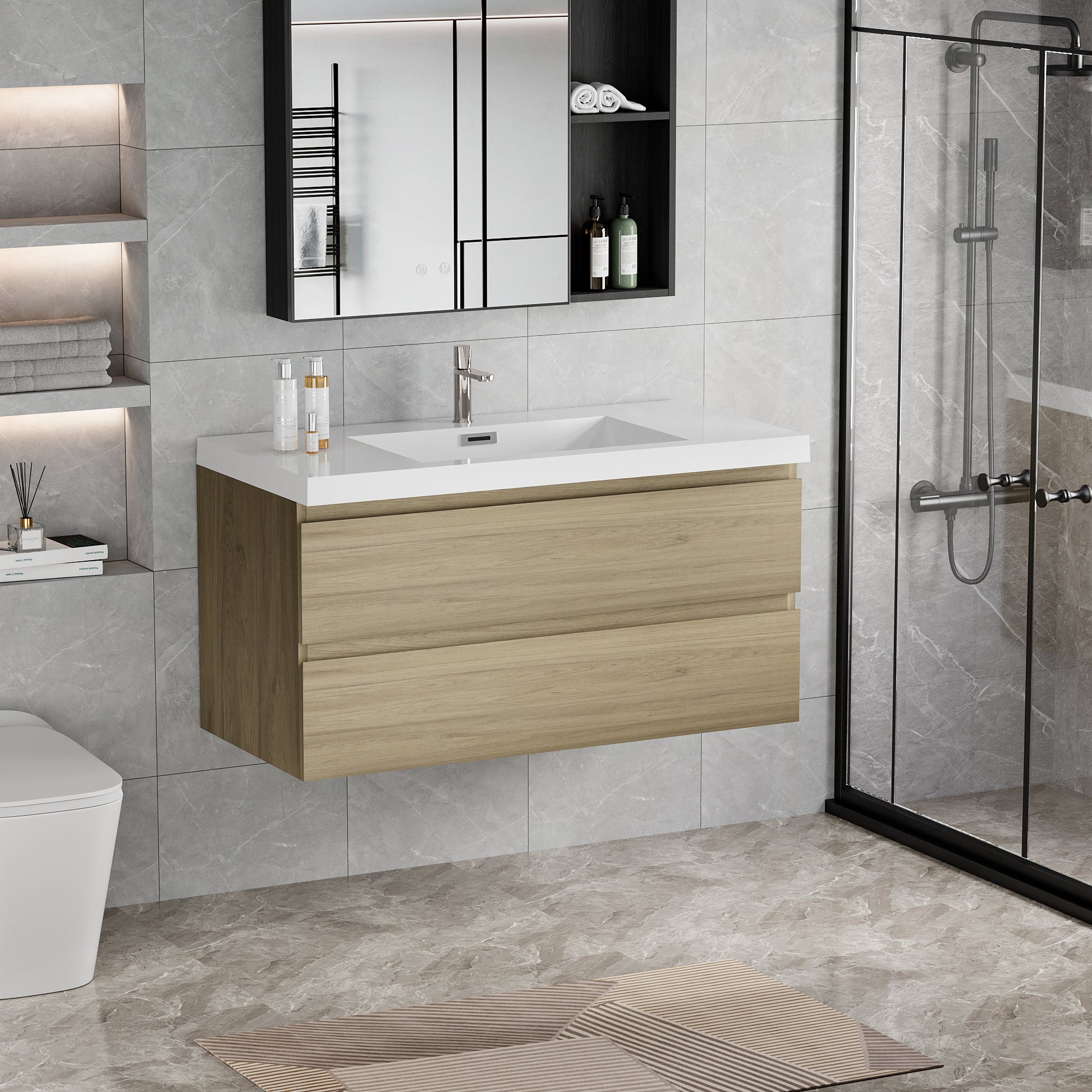 42" Floating Bathroom Vanity With Sink, Modern Wall Mounted Bathroom Storage Vanity Cabinet With Resin Top Basin And Soft Close Drawers, Natural Oak 24V11 42No White Oak Wood