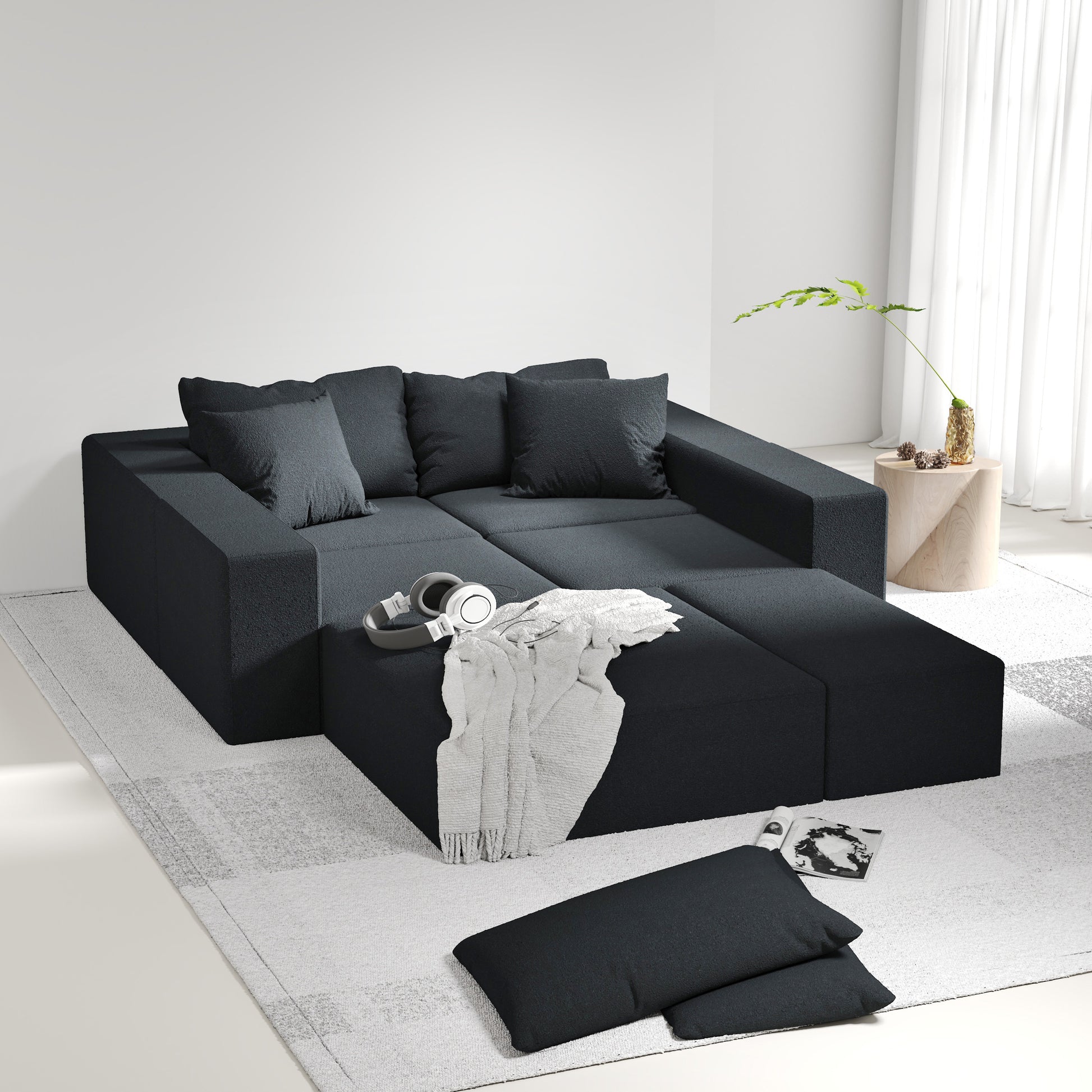 Modern Upholstered Sectional Sofa Couch Set,Modular 132" L Shaped Sectional Living Room Sofa Set With 6 Pillows,Free Combination Sofa Couch For Living Room,Bedroom Black Foam Chenille 6 Seat