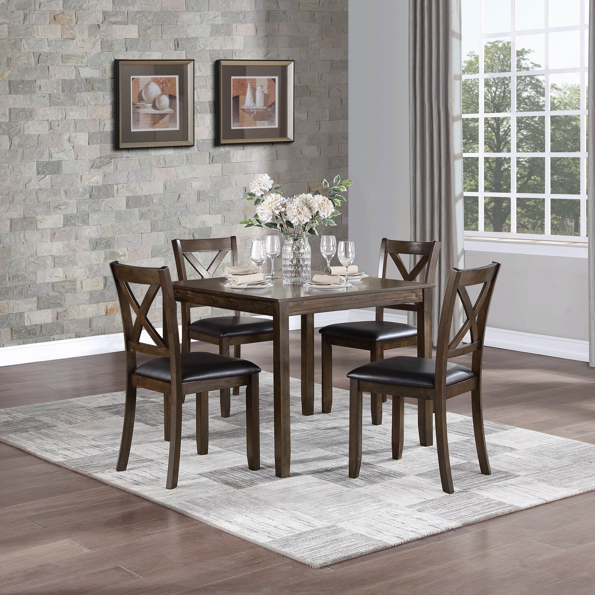 Transitional Style 5Pc Dinette Set Charcoal Brown Finish Dining Room Table And 4 Chairs Faux Leather Upholstery X Back Chairs Wood Wood Brown Mix Seats 4 Wood Dining Room 36 Inches 4 Leg Square Dining Table With Chair Wood