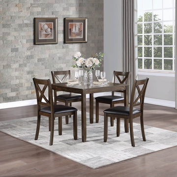 Transitional Style 5Pc Dinette Set Charcoal Brown Finish Dining Room Table And 4 Chairs Faux Leather Upholstery X Back Chairs Wood Wood Brown Mix Seats 4 Wood Dining Room 36 Inches 4 Leg Square Dining Table With Chair Wood