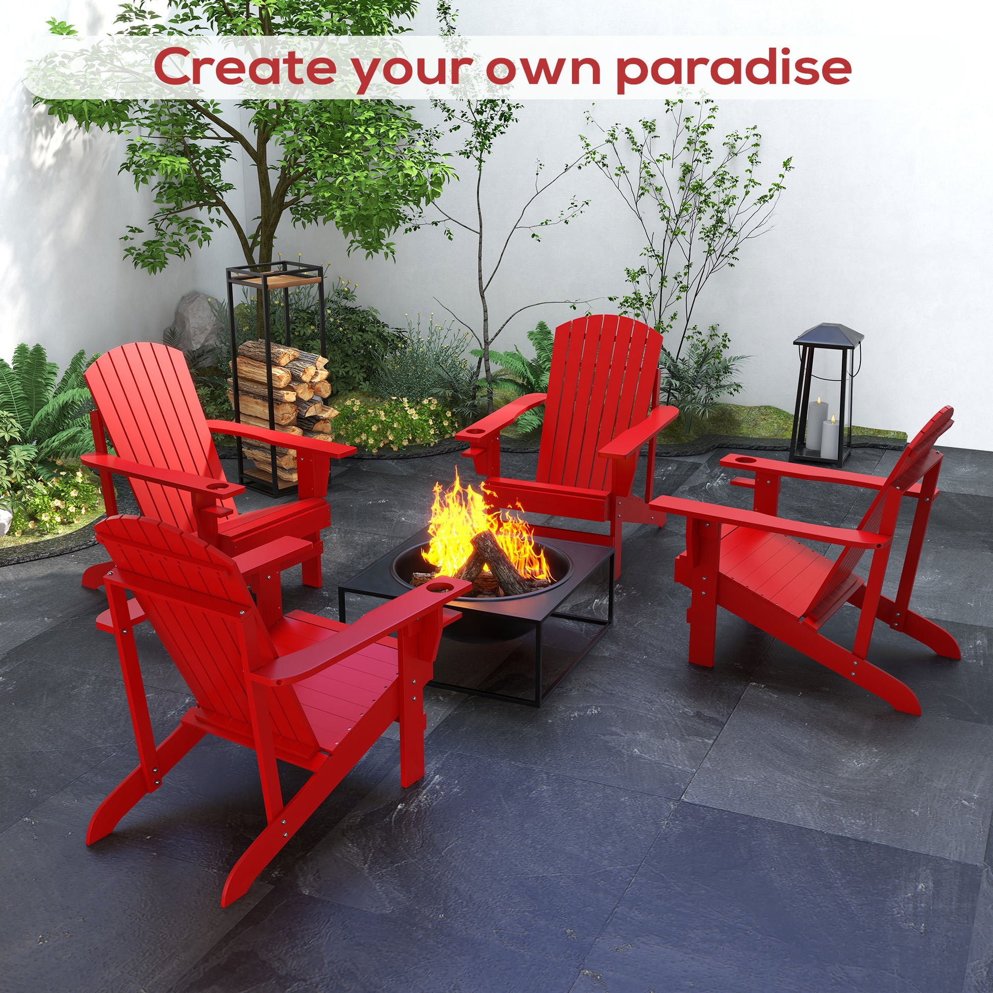 Outsunny Wooden Adirondack Chair, Outdoor Patio Lawn Chair With Cup Holder, Weather Resistant Lawn Furniture, Classic Lounge For Deck, Garden, Backyard, Fire Pit, Red Red Wood