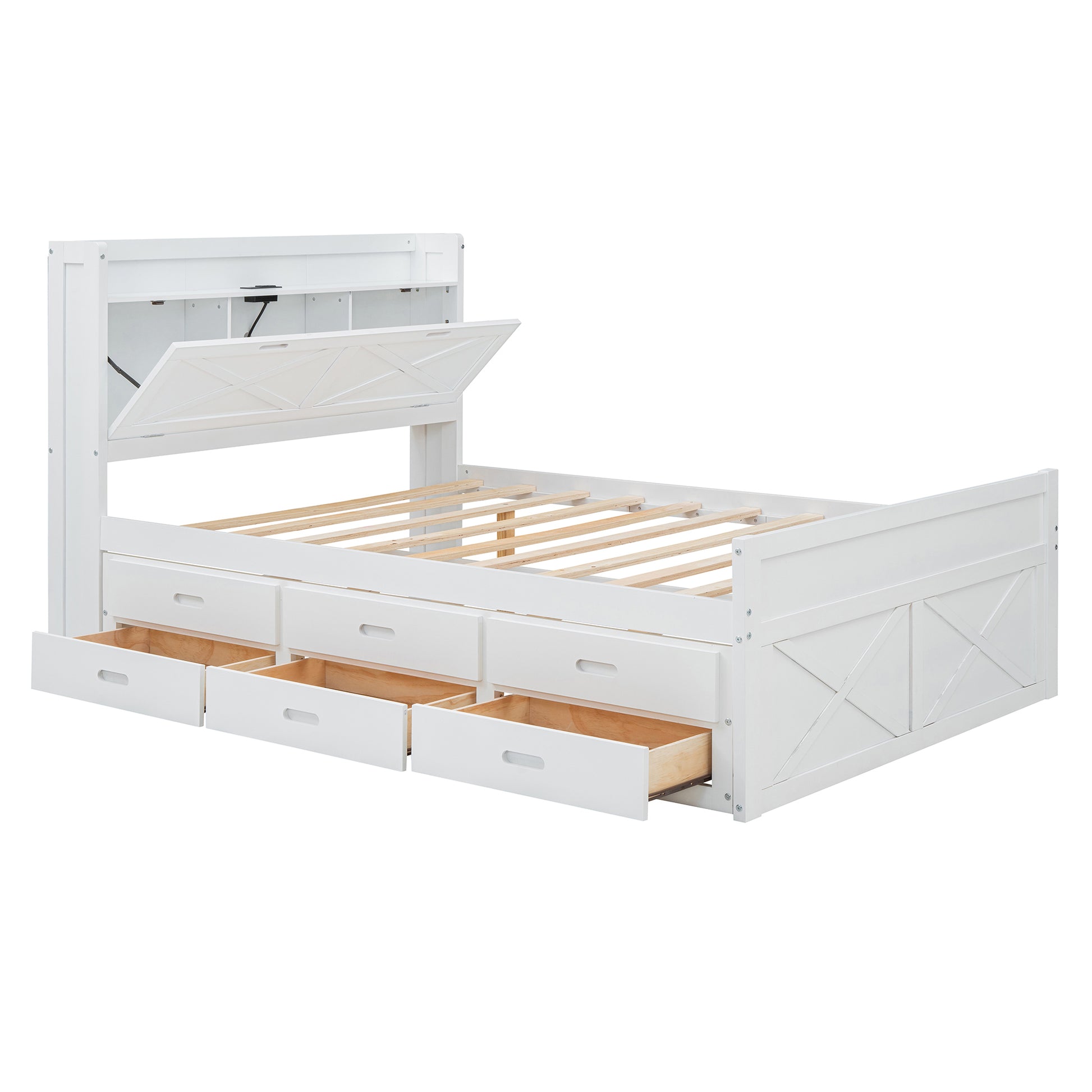 Full Size Wooden Bed With Storage Headboard With Outlets, Extendable Bed With Twin Size Trundle With Three Storage Drawers,White Full White Wood