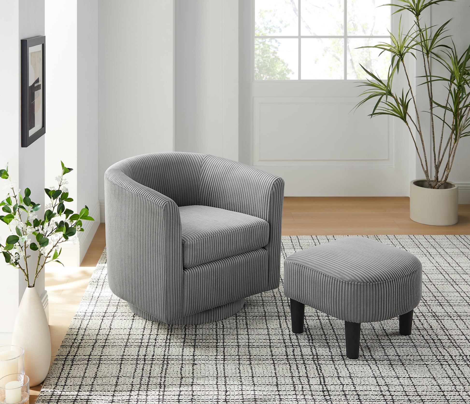 Swivel Accent Chair 360 Comfy Recliner Corduroy Arm Chair Single Sofa With Ottoman For Living Room Bedroom,Grey Grey Fabric
