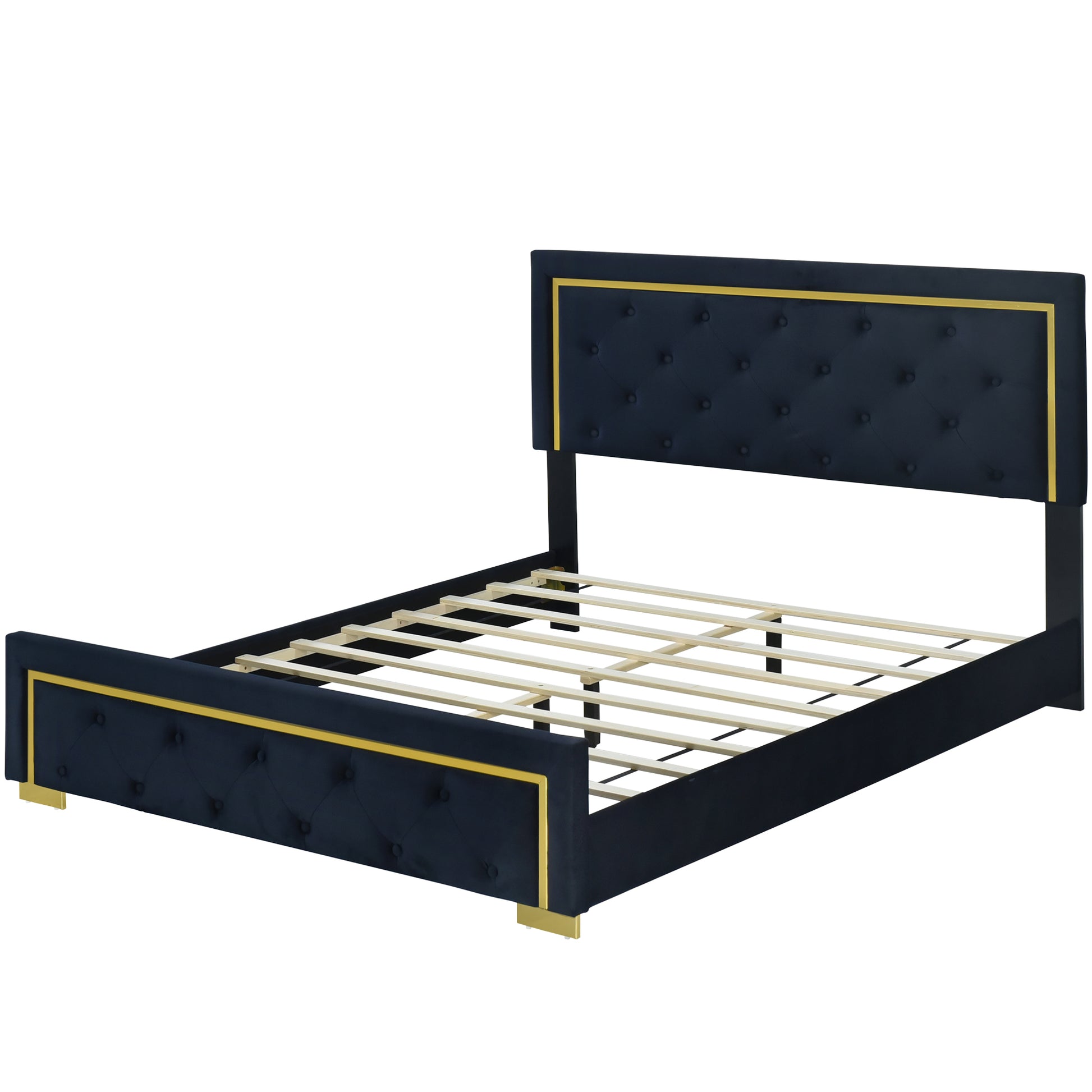 Queen Size Upholstered Platform Bed With Pull Point Headboard And Metal Wire Frame At The Head And Foot Of The Bed, Metal Feet, Velvet, Black Queen Black Mdf Lvl