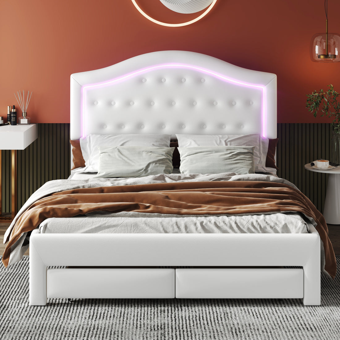 Queen Size Upholstered Platform Bed With Tufted Headboard, Led And 2 Drawers, White Box Spring Not Required Queen White Wood Bathroom Bed Frame Faux Leather Upholstered