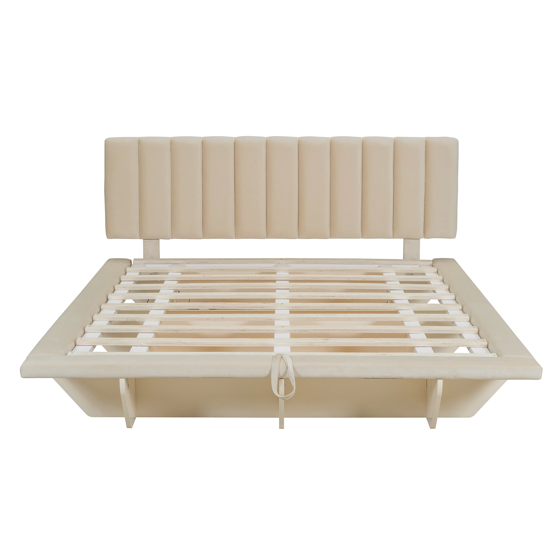 Queen Size Upholstered Floating Bed With Led Light And Usb Port, Velvet, Beige, Hydrualic Platform Bed Queen Beige Velvet