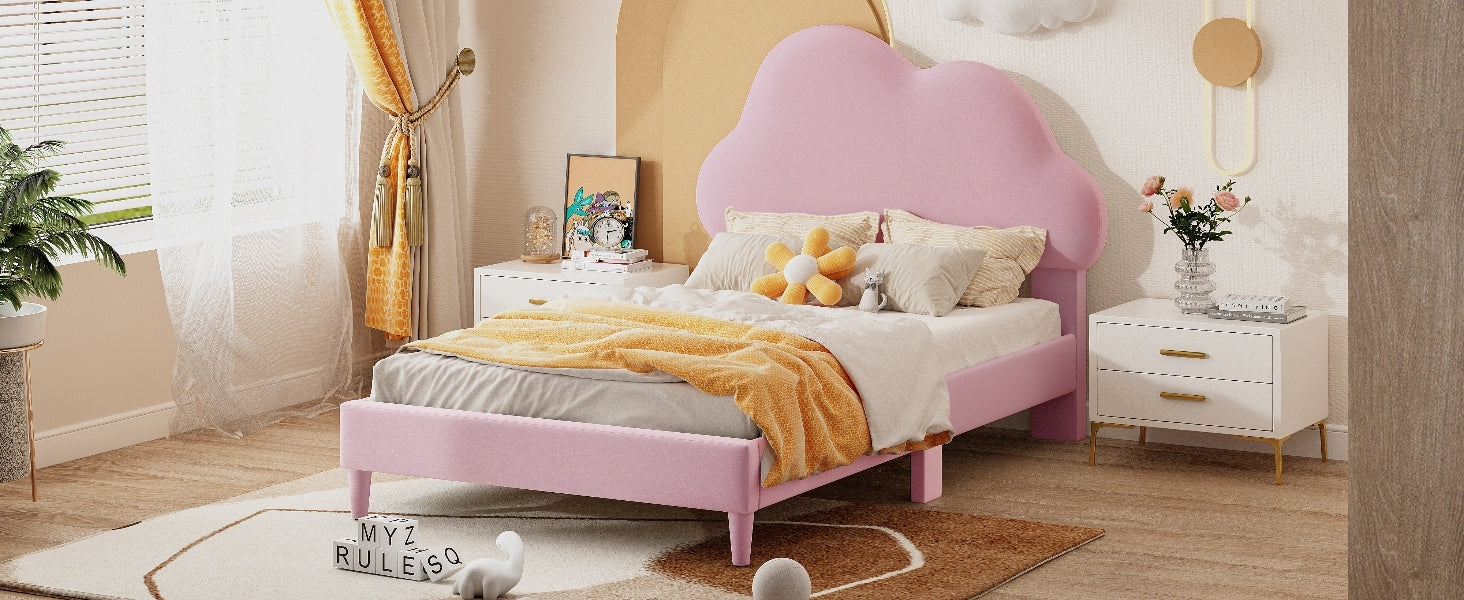 Twin Size Upholstered Cloud Shape Bed ,Velvet Platform Bed With Headboard,No Box Spring Needed,Pink Twin Pink Velvet