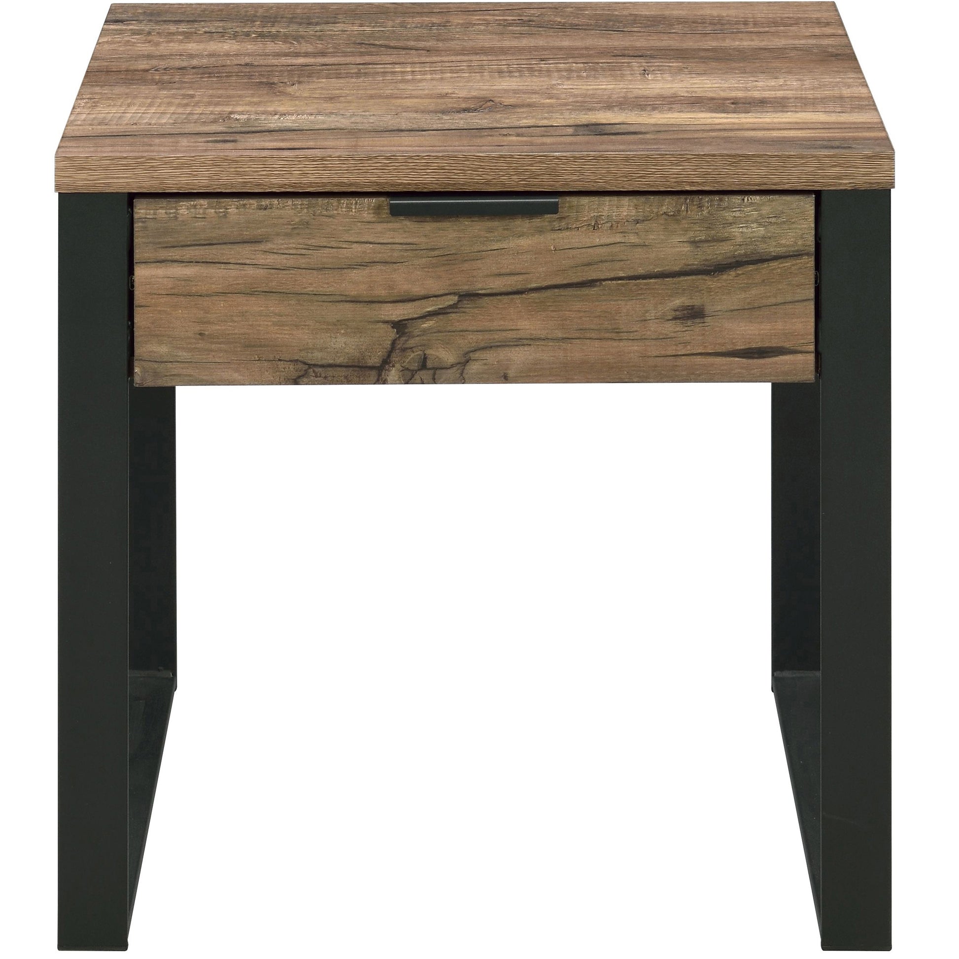 Weathered Oak And Black End Table With 1 Drawer Black Brown Primary Living Space Industrial Drawers Rectangular Wood Metal Sled