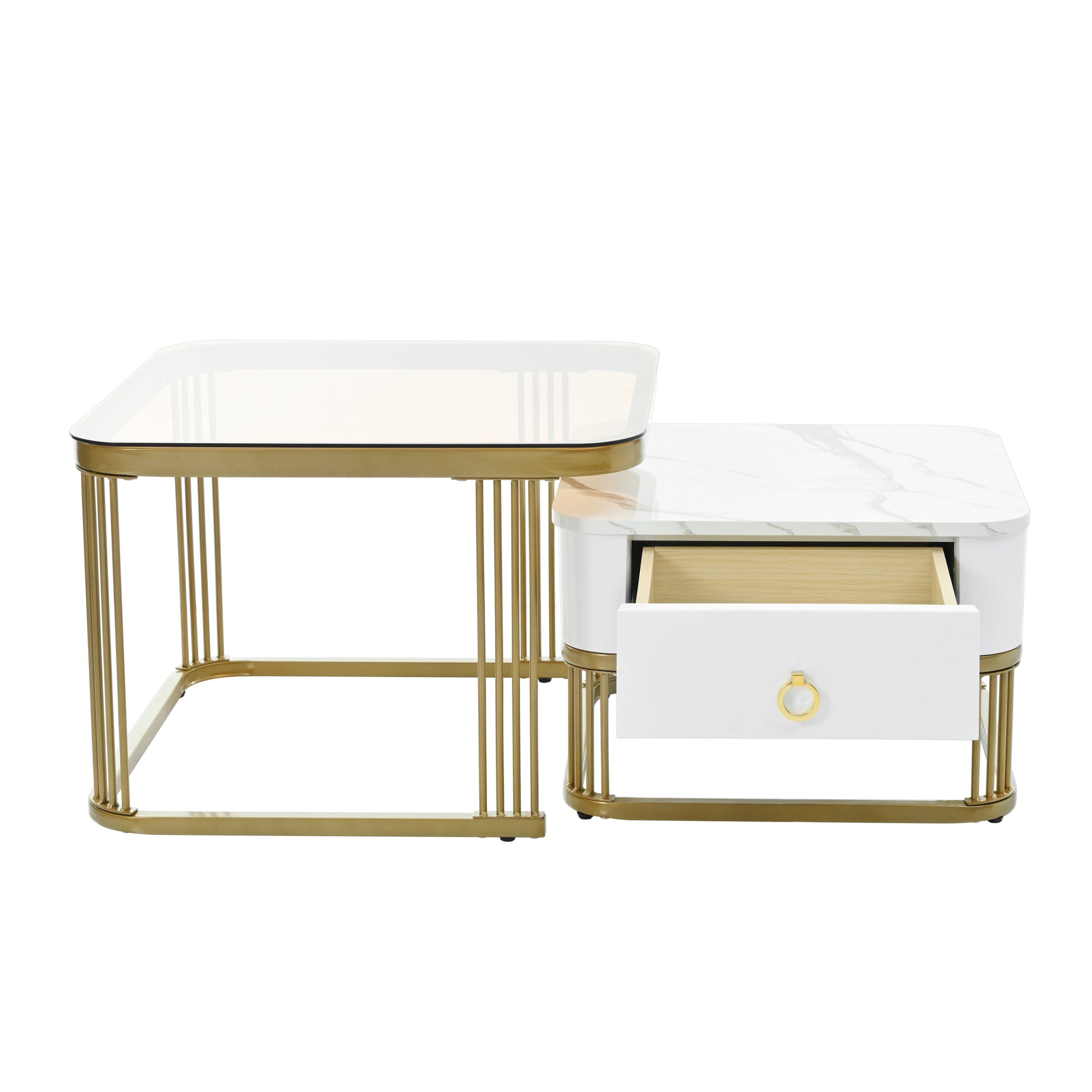 Nesting Coffee Table With Drawer, Set Of 2, Exquisite Square Stacking Coffee Tables With Brown Tempered Glass, Side Table With High Gloss Marble Grain Tabletop For Living Room, White White Gold Primary Living Space Drawers Square Mdf Steel