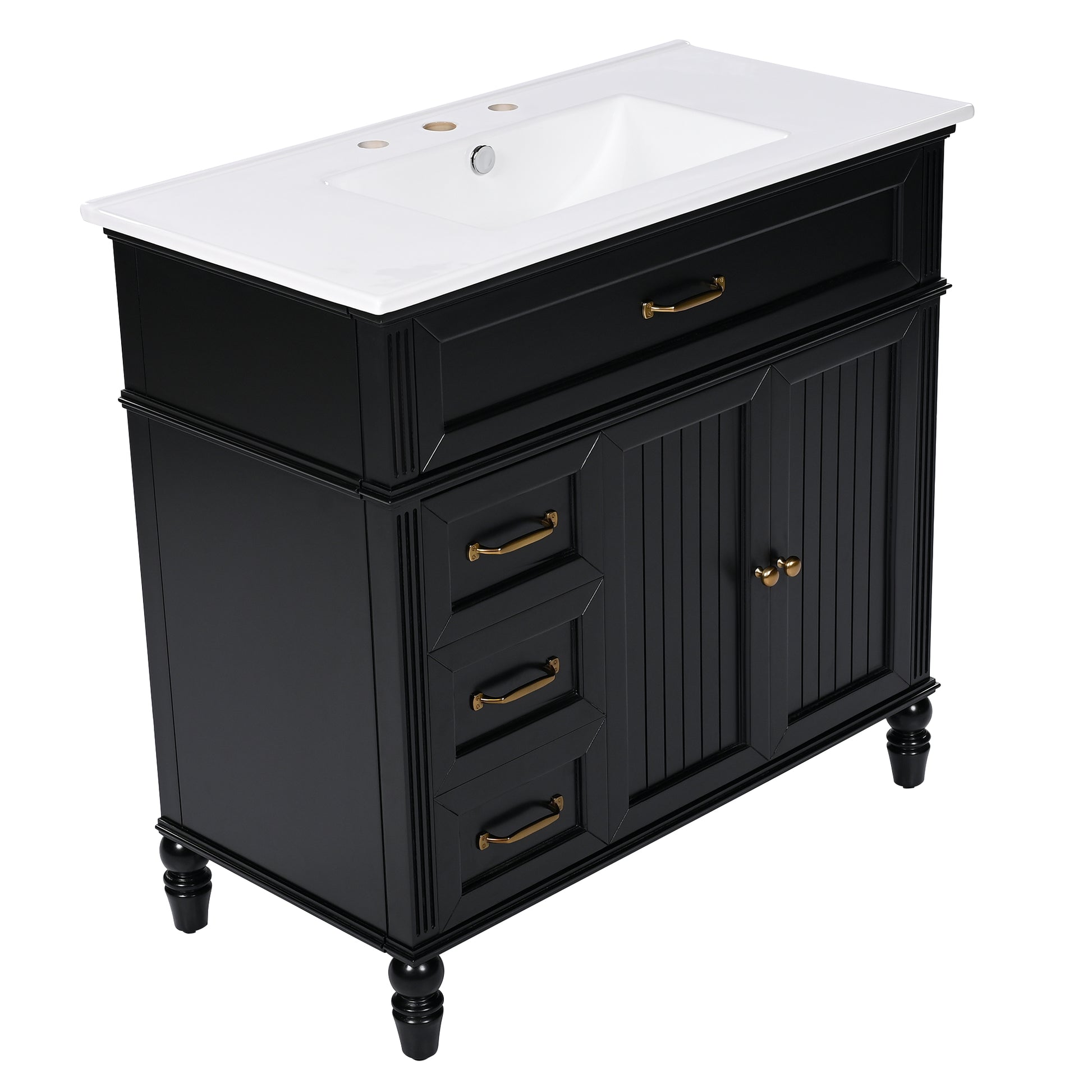 36" Bathroom Vanity With Sink, Black Bathroom Cabinet With Drawers, Solid Frame And Mdf Board, One Package Black Solid Wood Mdf