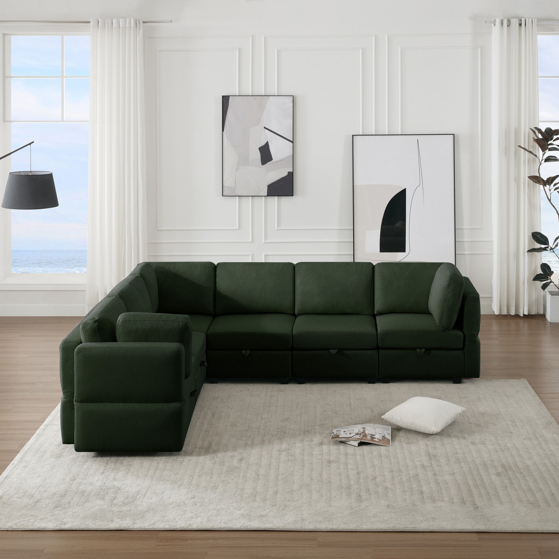 L Shaped Modular Sectional Corner Sofa Couch, 6 Seat Modular Sectional Sofa With Chaise For Living Room, Adjustable Arms And Backs Green Green Polyester 6 Seat