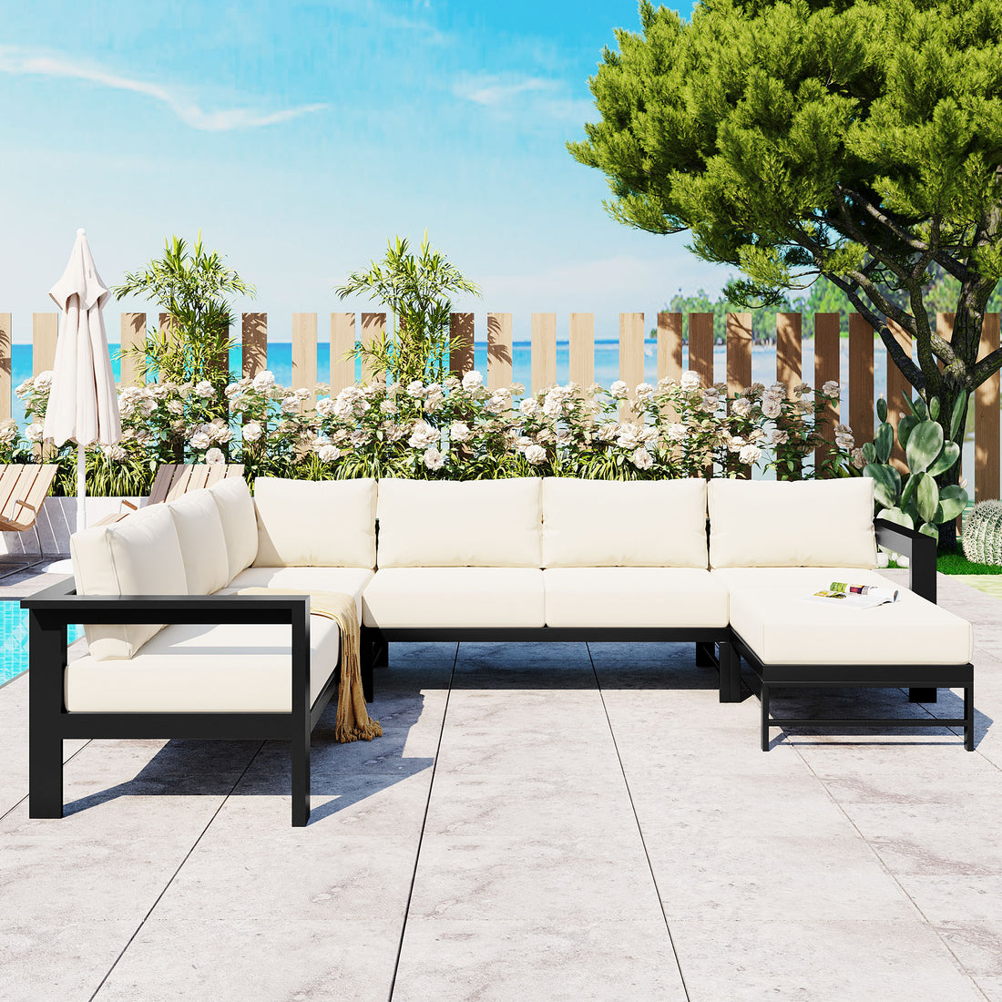U Shaped Multi Person Outdoor Sofa Set, Suitable For Gardens, Backyards, And Balconies. White Seats 6 Aluminum