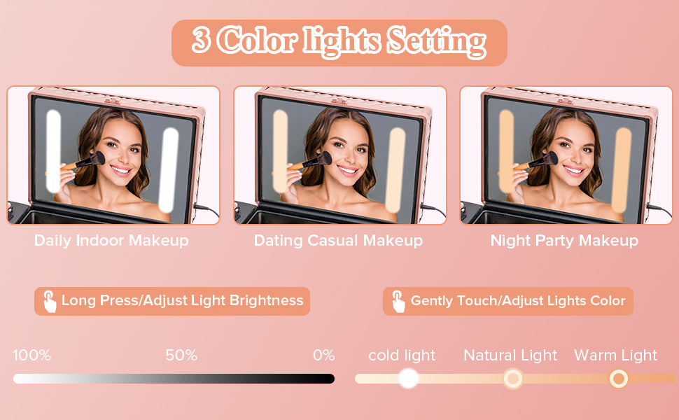 Portable Makeup Case With Led Mirror Travel Makeup Bag Cosmetic Organizer Box With Locks, Brush Holder, Dividers, Rechargeable, Rose Gold Rose Gold Aluminium Alloy