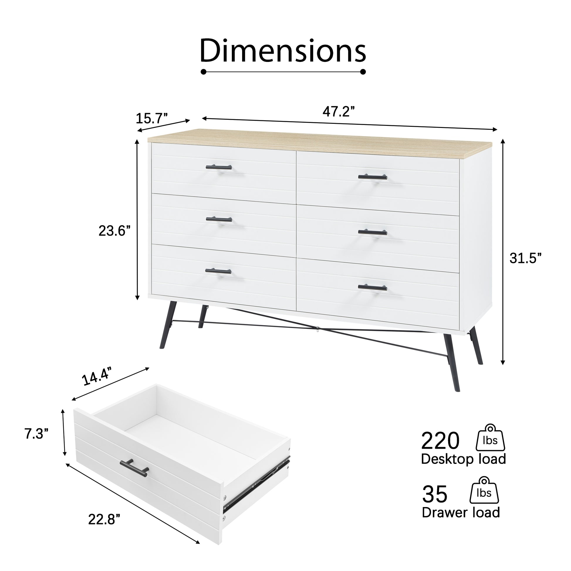 6 Drawer Dresser For Bedroom With Deep Drawers, Wood Dressers & Chest Of Drawers, Modern White Long Dressers For Closet Living Room, 47.2"W X 15.7"D X 31.5"H, White & Oak 5 Or More Drawers White Light Oak Brown Bedroom Rustic,Vintage Particle Board
