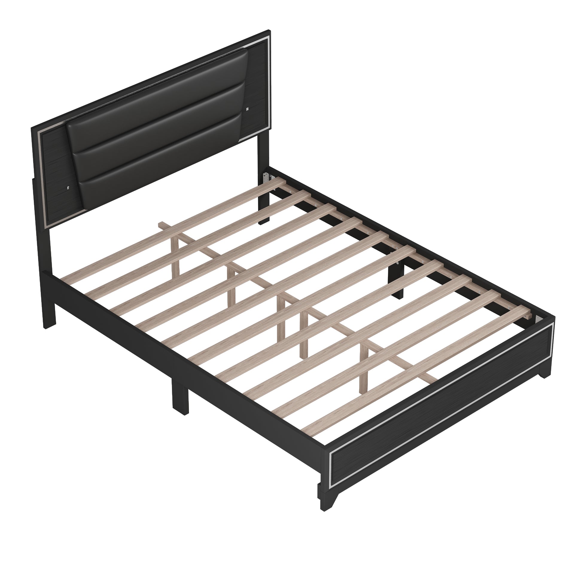 Queen Size Pu Upholstered Bed, Headboard With Led Light Strips And Sparkling Shiny Decoration, No Box Spring Required, Black Queen Black Pu