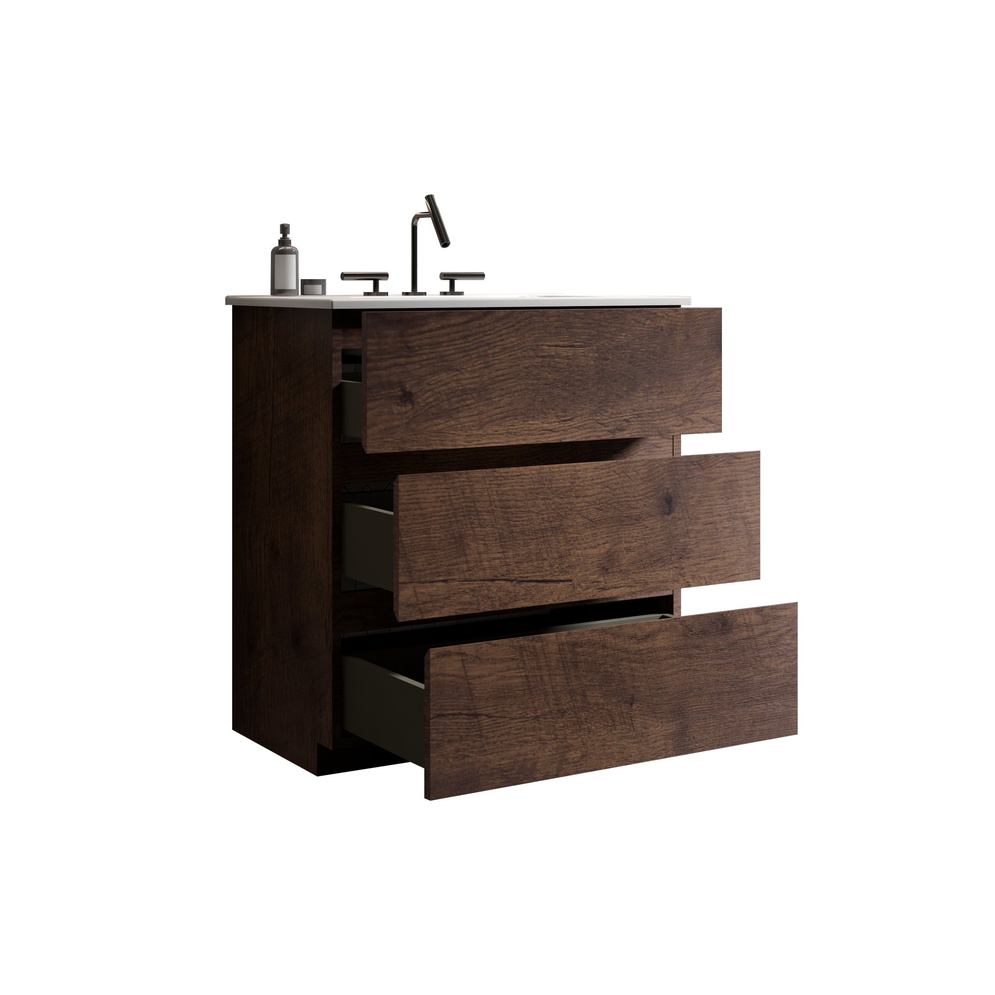 Tia 30" Walnut Bathroom Vanity With Sink With 3 Faucet Holes, Large Storage Freestanding Bathroom Vanity For Modern Bathroom, One Piece White Sink Basin Without Drain And Faucet, Pre Assemble White