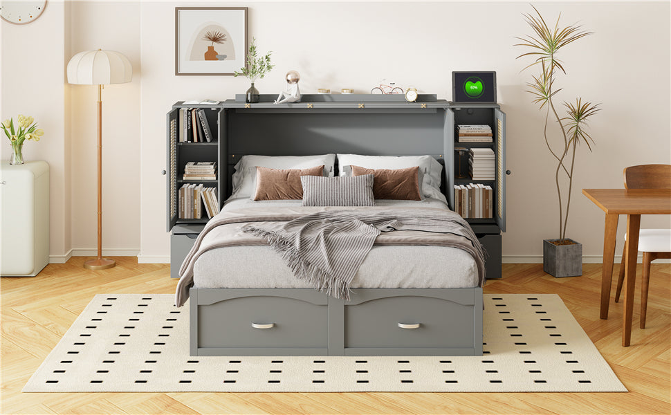 Full Size Murphy Bed Wall Bed With Drawer And Rattan Decoration With 2 Storage Cabinets, One Set Of Sockets & Usb Ports, Pulley Structure Design, Gray Full Gray Plywood