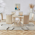 Table And Chair Set.Modern Minimalist Luxury Mdf Rectangular Dining Table With Light Yellow Textured Stickers On The Table, 6 Pu Synthetic Leather High Backrest Soft Cushioned Side Chairs. Light Yellow Seats 6 Mdf