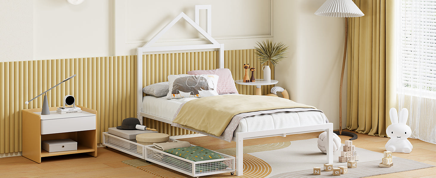 Twin Size Metal Platform Bed With Two Drawers,House Shaped Headboard Design, White Twin White Metal