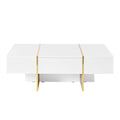 47.2'' X 31.4''Minimalist High Gloss Coffee Table With 2 Drawers, Multi Storage Rectangle Sofa Table With Golden Wood Grain Legs, Modern Center Table For Living Room, White White Particle Board Mdf