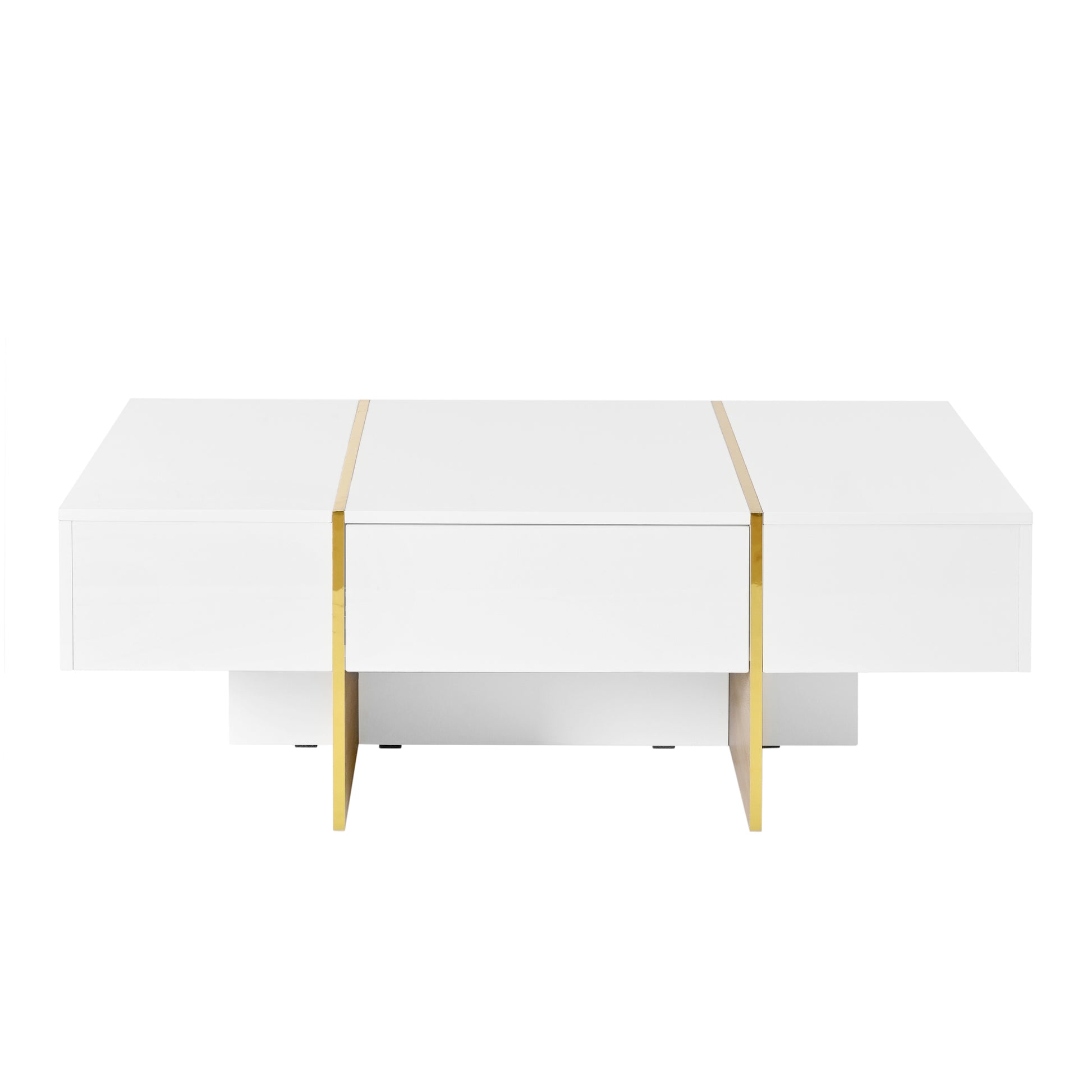 47.2'' X 31.4''Minimalist High Gloss Coffee Table With 2 Drawers, Multi Storage Rectangle Sofa Table With Golden Wood Grain Legs, Modern Center Table For Living Room, White White Particle Board Mdf