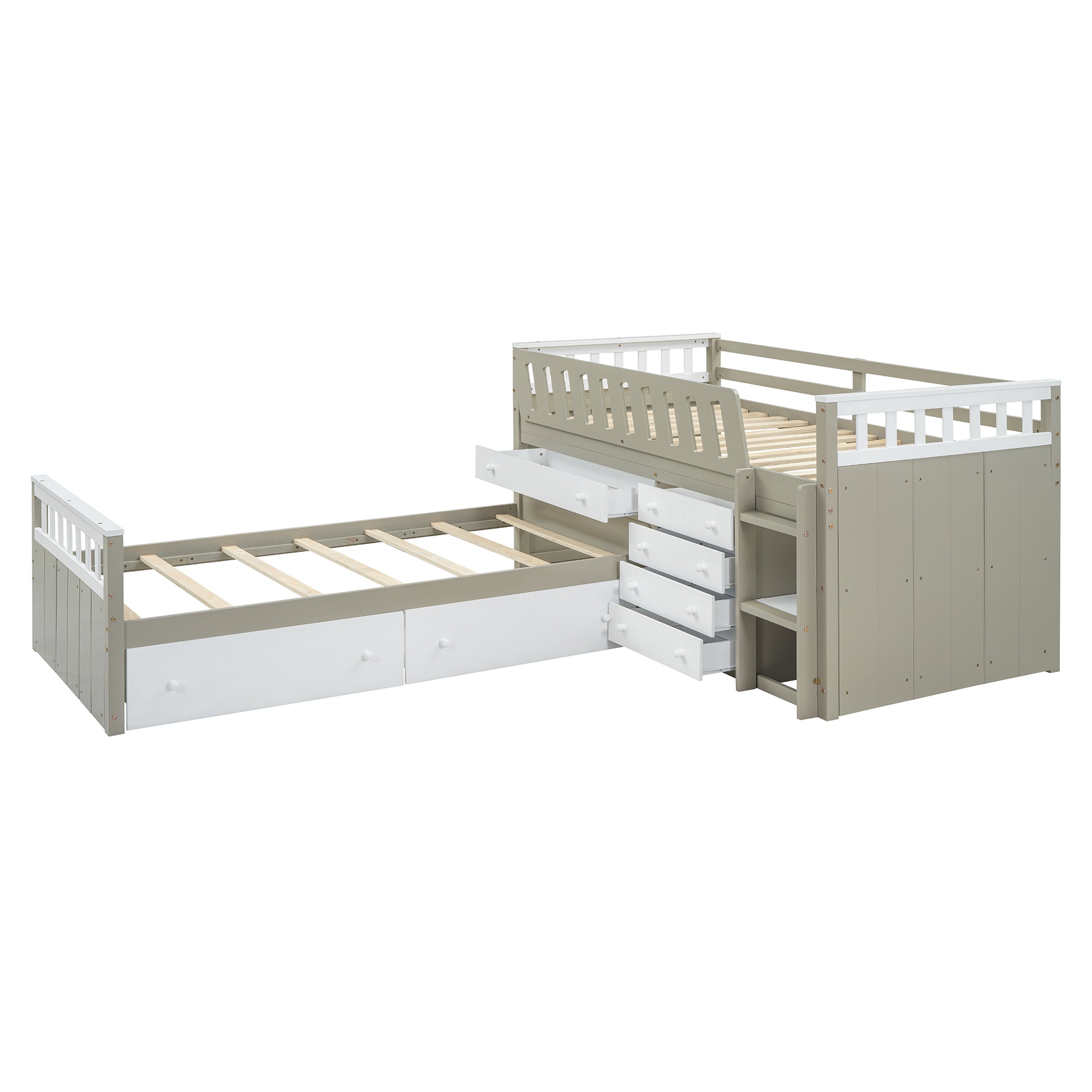 L Shaped Space Saving Twin Loft And Twin Platform Bed With 7 Drawers And Full Guardrails White Light Brown Twin Brown White Solid Wood