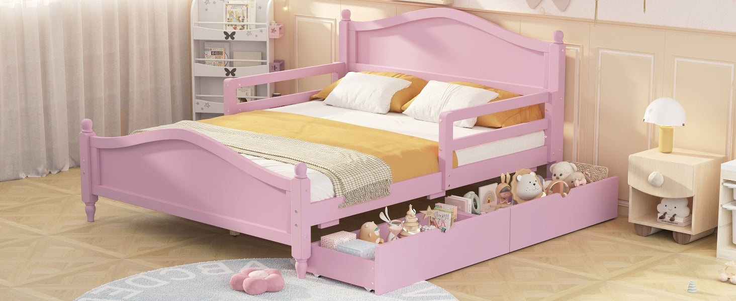 Full Size Wood Platform Bed With Guardrails On Both Sides And Two Storage Drawers ,Pink Full Pink Wood
