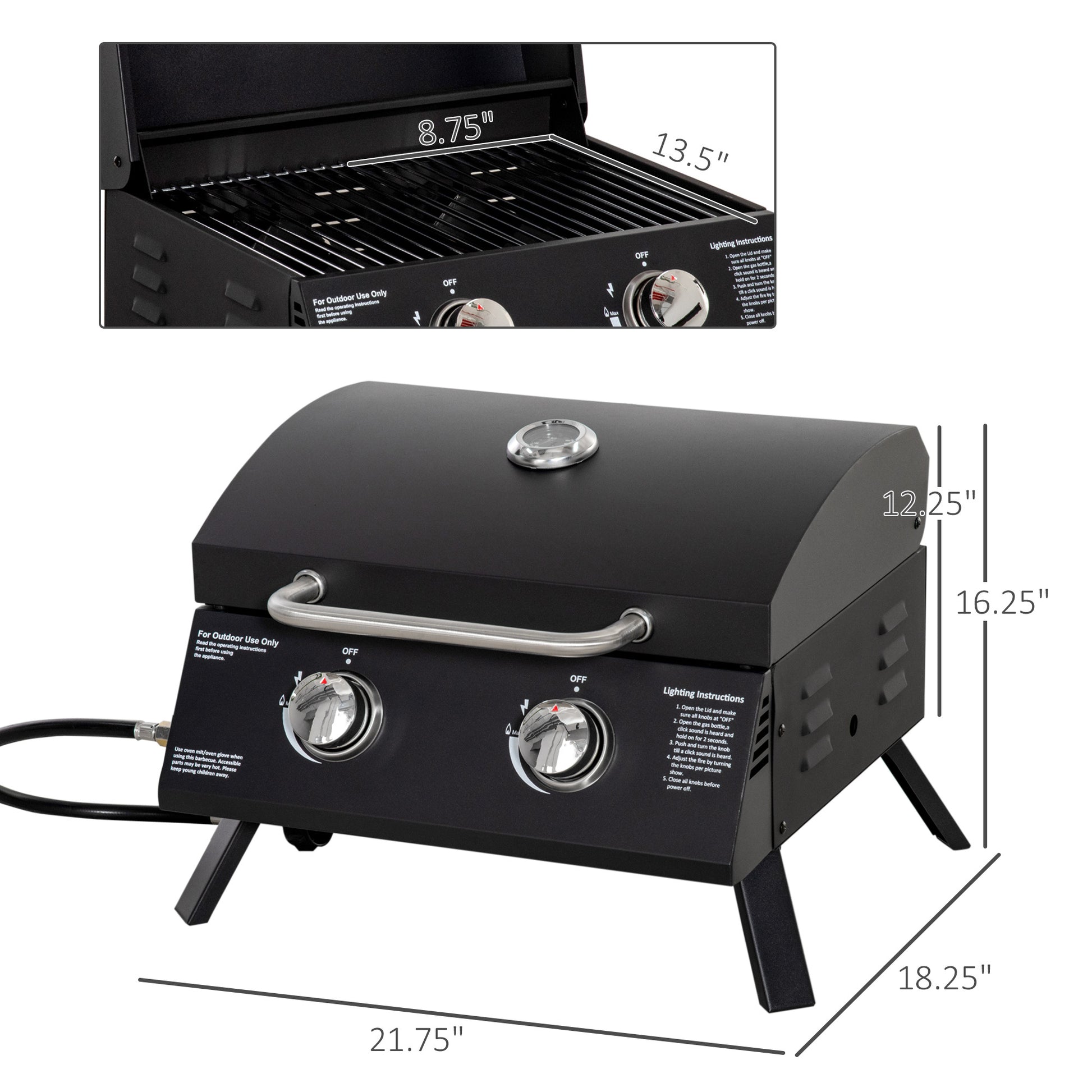 Outsunny 2 Burner Propane Gas Grill Outdoor Portable Tabletop Bbq With Foldable Legs, Lid, Thermometer For Camping, Picnic, Backyard, Black Black Carbon Steel