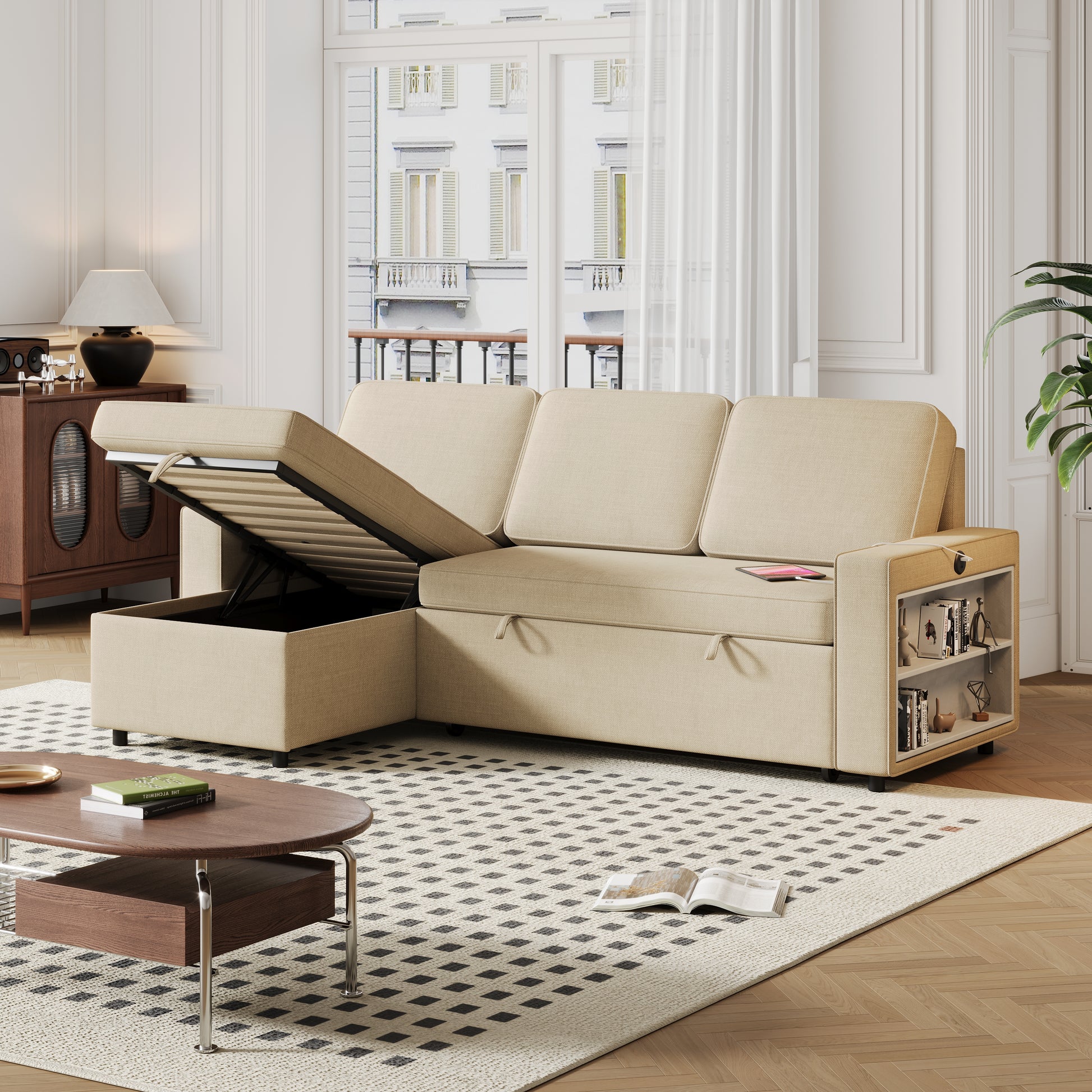 85.8" Pull Out Sleeper Sofa L Shaped Couch Convertible Sofa Bed With Storage Chaise And Storage Racks,With Usb Port And T Pyce Port Beige Fabric 3 Seat
