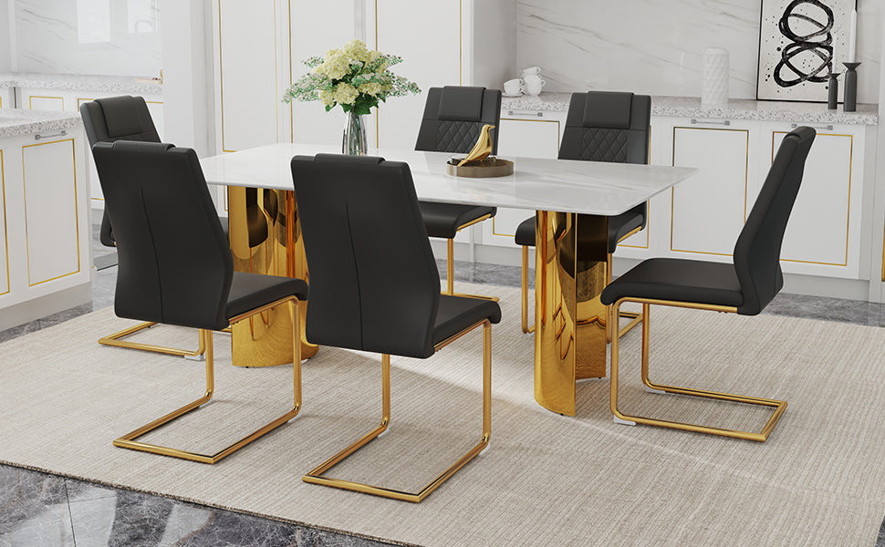 Table And Chair Set.The Table Has A Glass Tabletop With Imitation Marble Pattern Stickers And Stainless Steel Golden Table Legs. Paried With Comfortable Chairs With Pu Seats And Metal Legs. White Gold Seats 6 Glass Metal