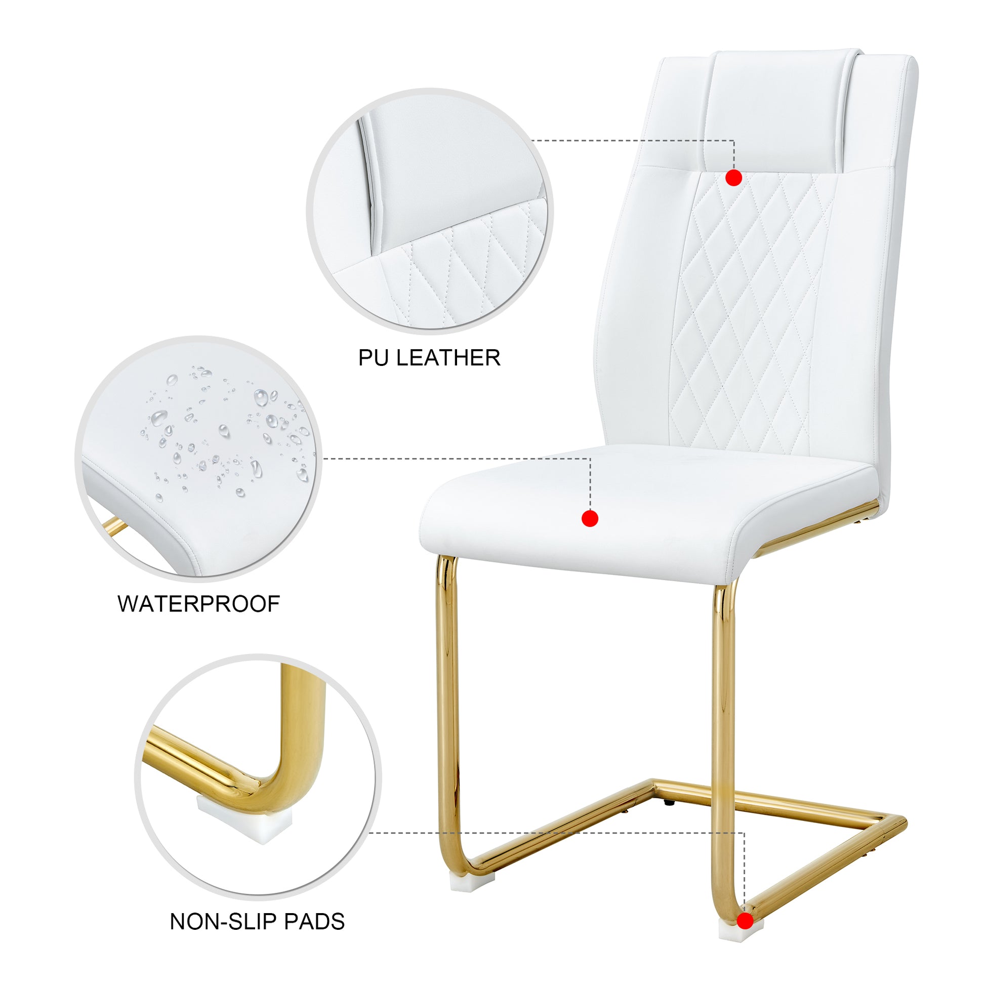 Table And Chair Set, The Table Is Equipped With A Marble Patterned Mdf Tabletop And Gold Table Legs.Dining Chairs,Gold Legged Upholstered Chairs Made Of Artificial Leather. Gold White Seats 4 Mdf