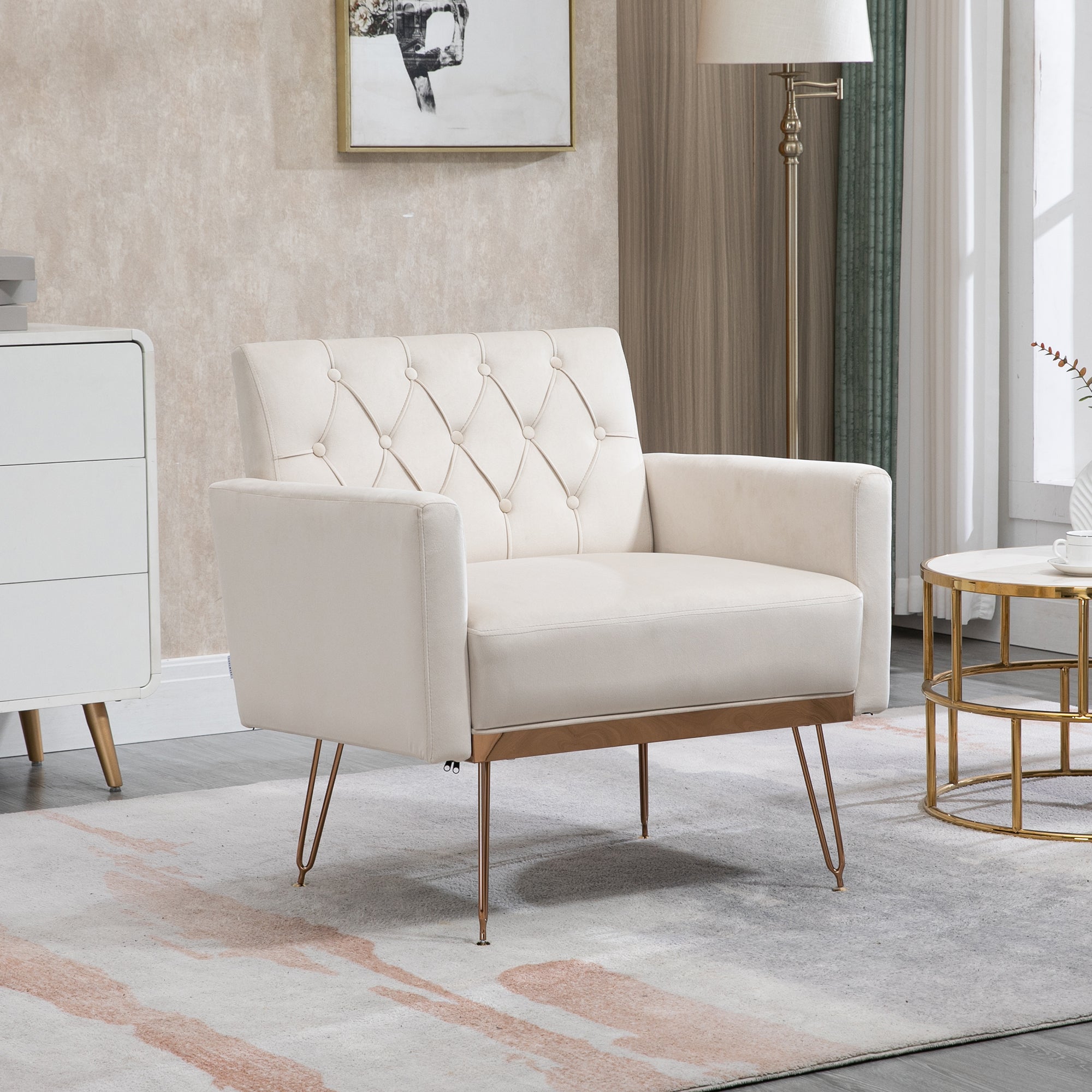 Coolmore Velvet Armchair Single Sofa Modern Tufted Upholstered Side Reading Chairs With Arm And Gold Metal Leg For Living Room Bedroom Beige Beige Foam Velvet