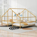Metal Double Twin Size Triangular House Beds With Built In Table, Gold Box Spring Not Required Twin Gold Metal Metal