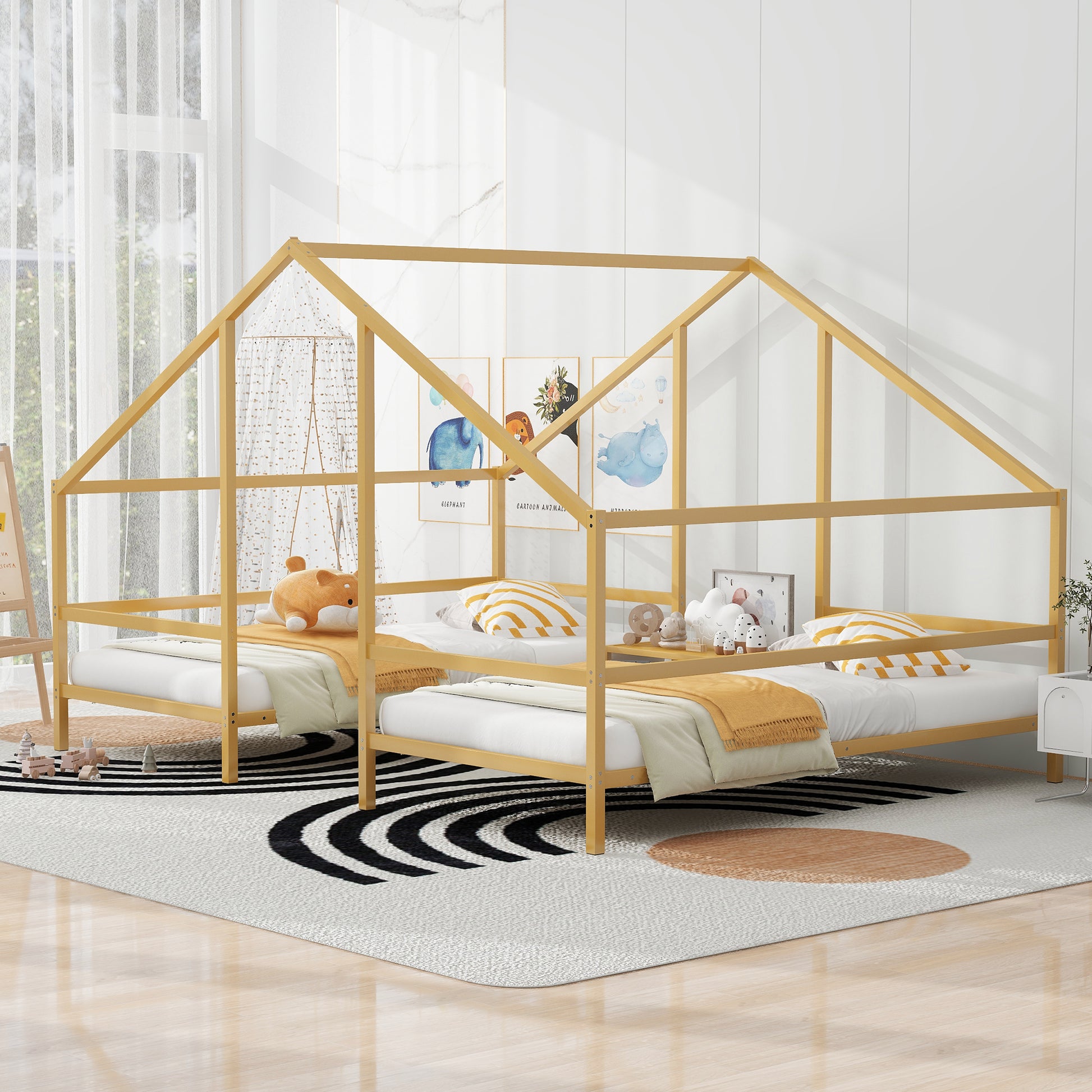 Metal Double Twin Size Triangular House Beds With Built In Table, Gold Box Spring Not Required Twin Gold Metal Metal