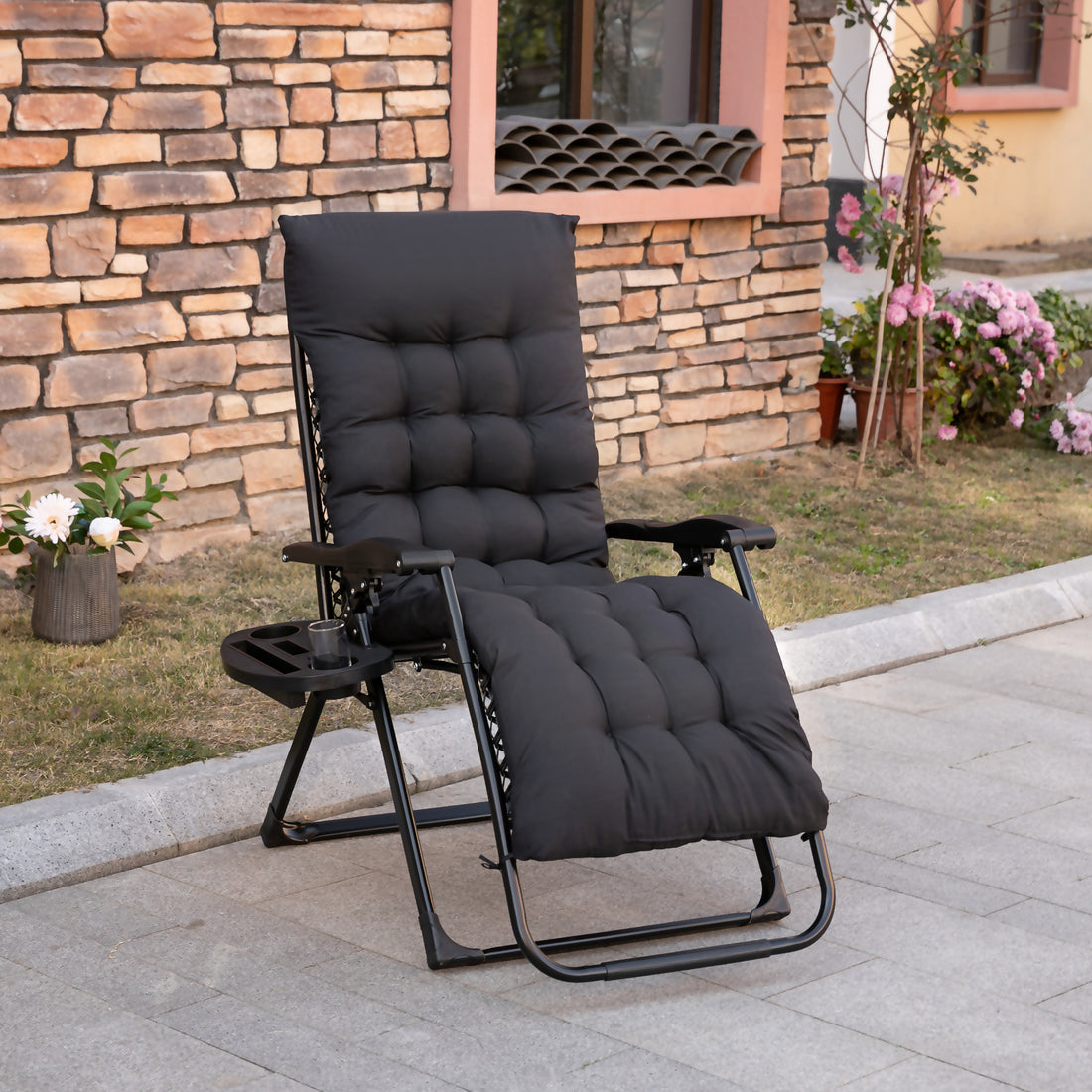 Outsunny Zero Gravity Chair, Folding Reclining Lounge Chair With Padded Cushion, Side Tray For Indoor And Outdoor, Supports Up To 264 Lbs., Black Black Steel
