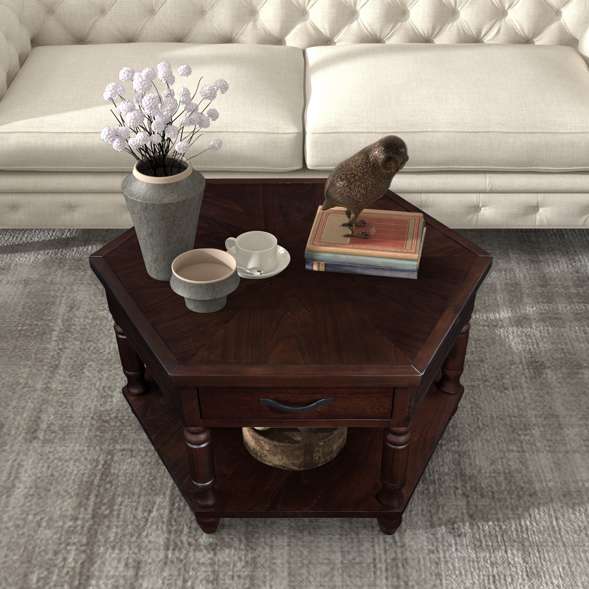 2 Tier Retro Hexagon Living Room Solid Wood Coffee Table With Shelf & Drawer, 36'' Mid Century Center Coffee Table For Living Room, Office. Light Espresso Light Espresso Pine