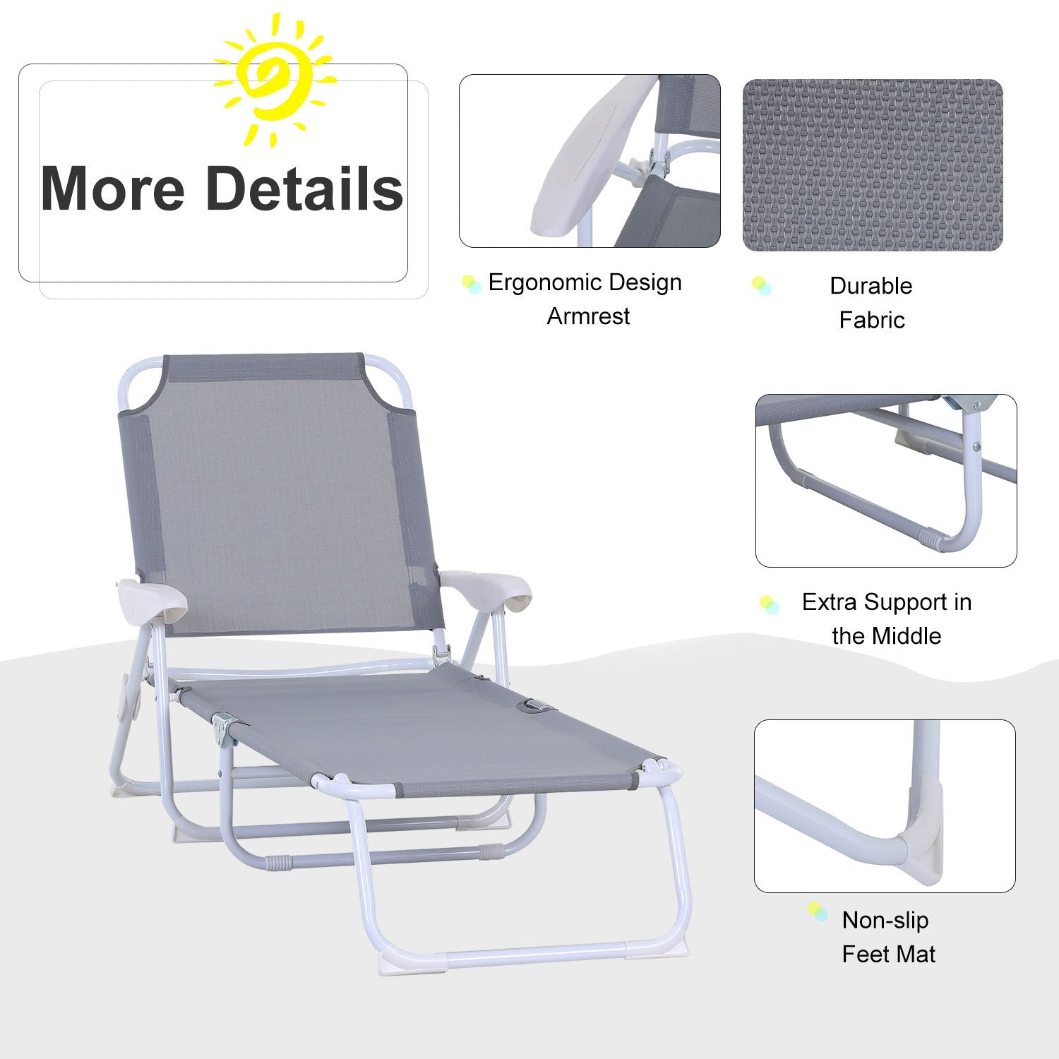 Outsunny Folding Chaise Lounge, Outdoor Sun Tanning Chair, 4 Position Reclining Back, Armrests, Metal Frame And Mesh Fabric For Beach, Yard, Patio, Gray Grey Metal
