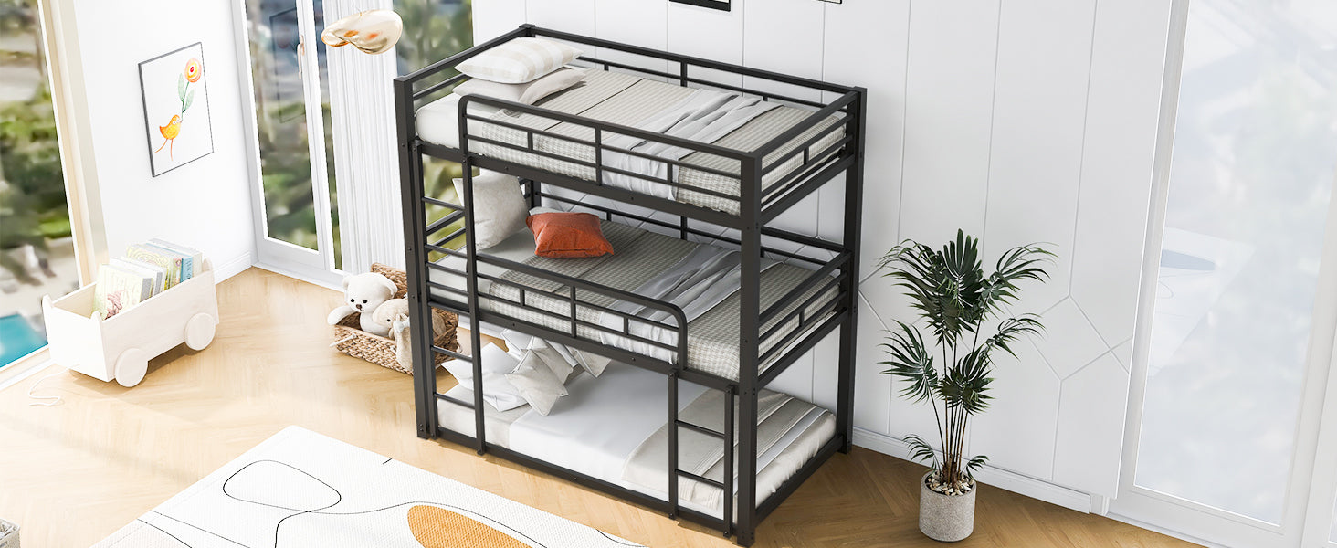 Metal Twin Size Triple Bunk Bed, Black Old Sku: Sm000230Aab 1 Box Spring Not Required Twin Black Metal Bedroom Metal