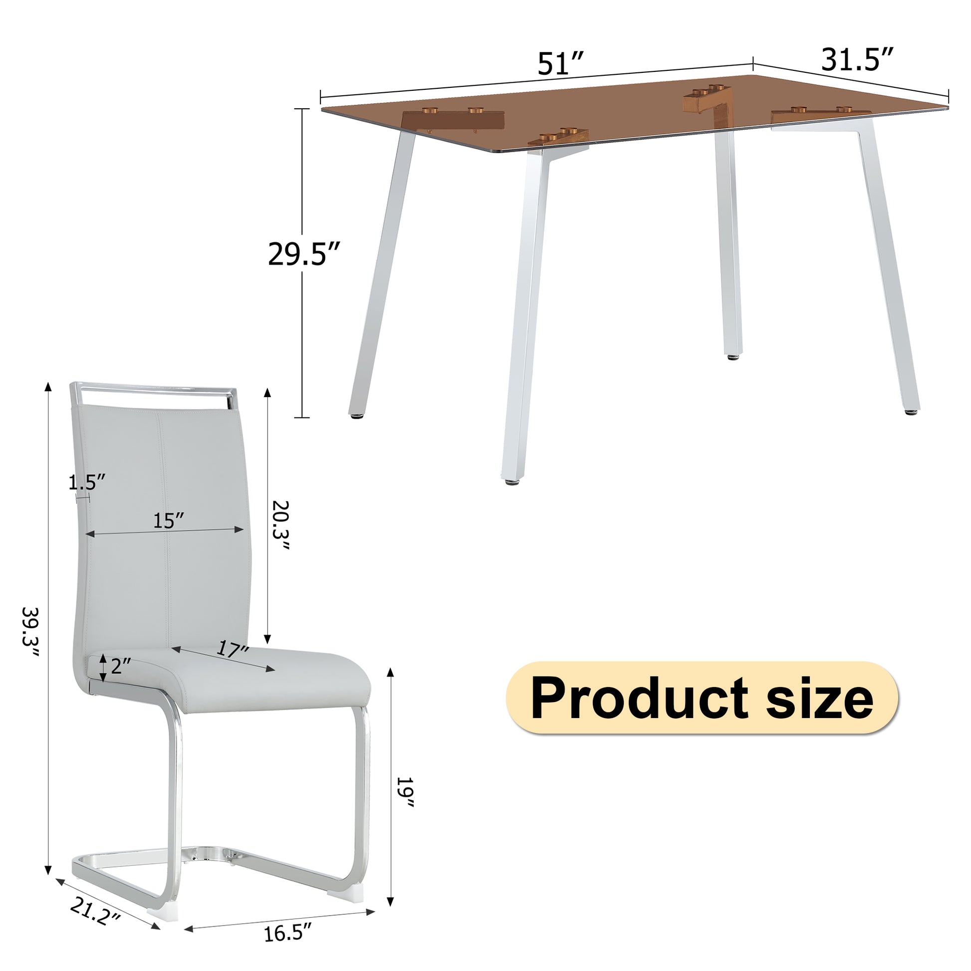 1 Table And 4 Chairs, Brown Tempered Glass Tabletop And Silver Metal Legs, Modern Minimalist Style Rectangular Glass Dining Table, Paired With 4 Modern Silver Metal Leg Chairs. 1123C 1162 Brown Seats 4 Glass
