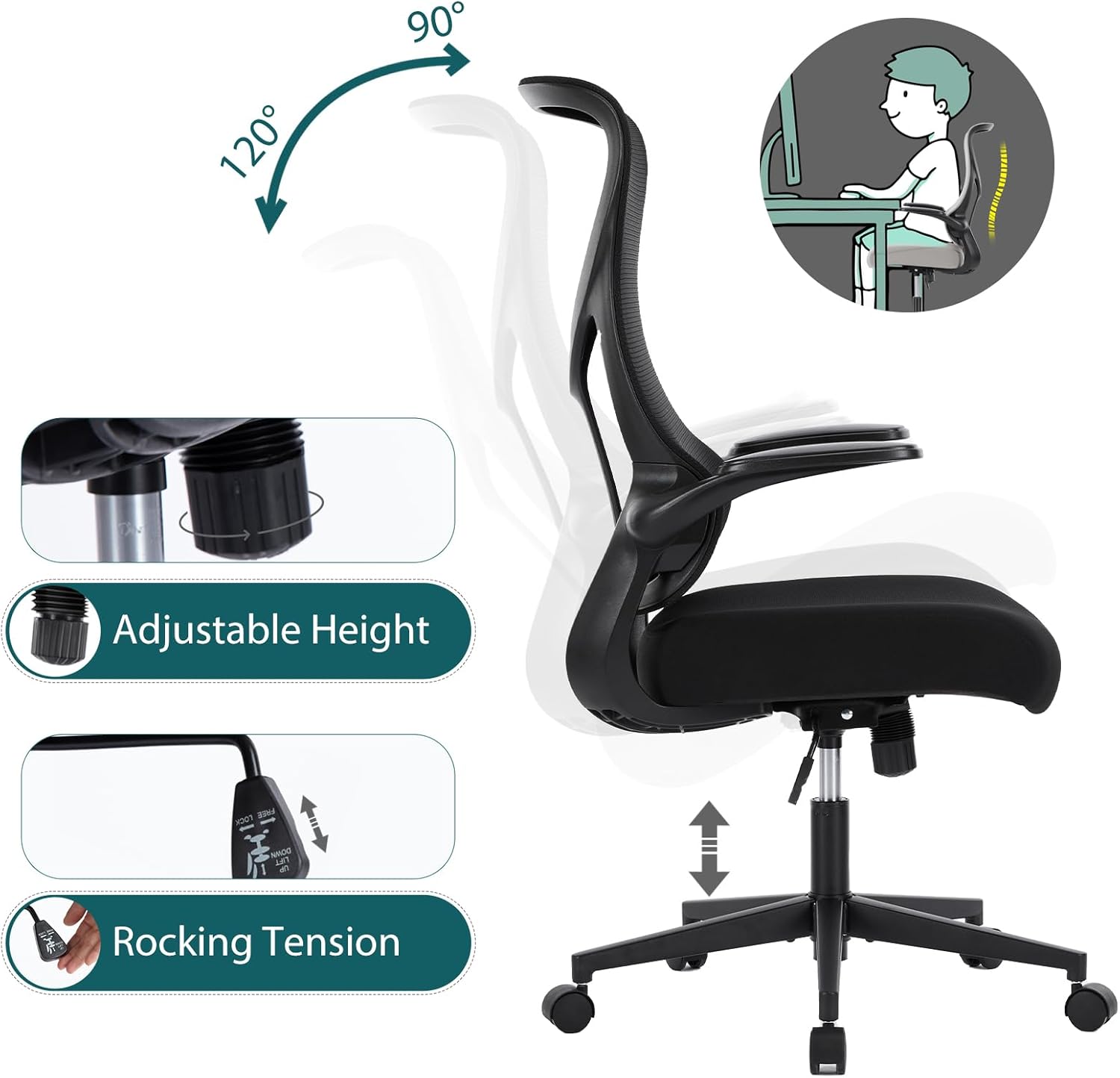 Ergonomic Computer Mesh Chair With Flip Up Armrests,Lumbar Support, Backrest For Home Office, Black Black Metal
