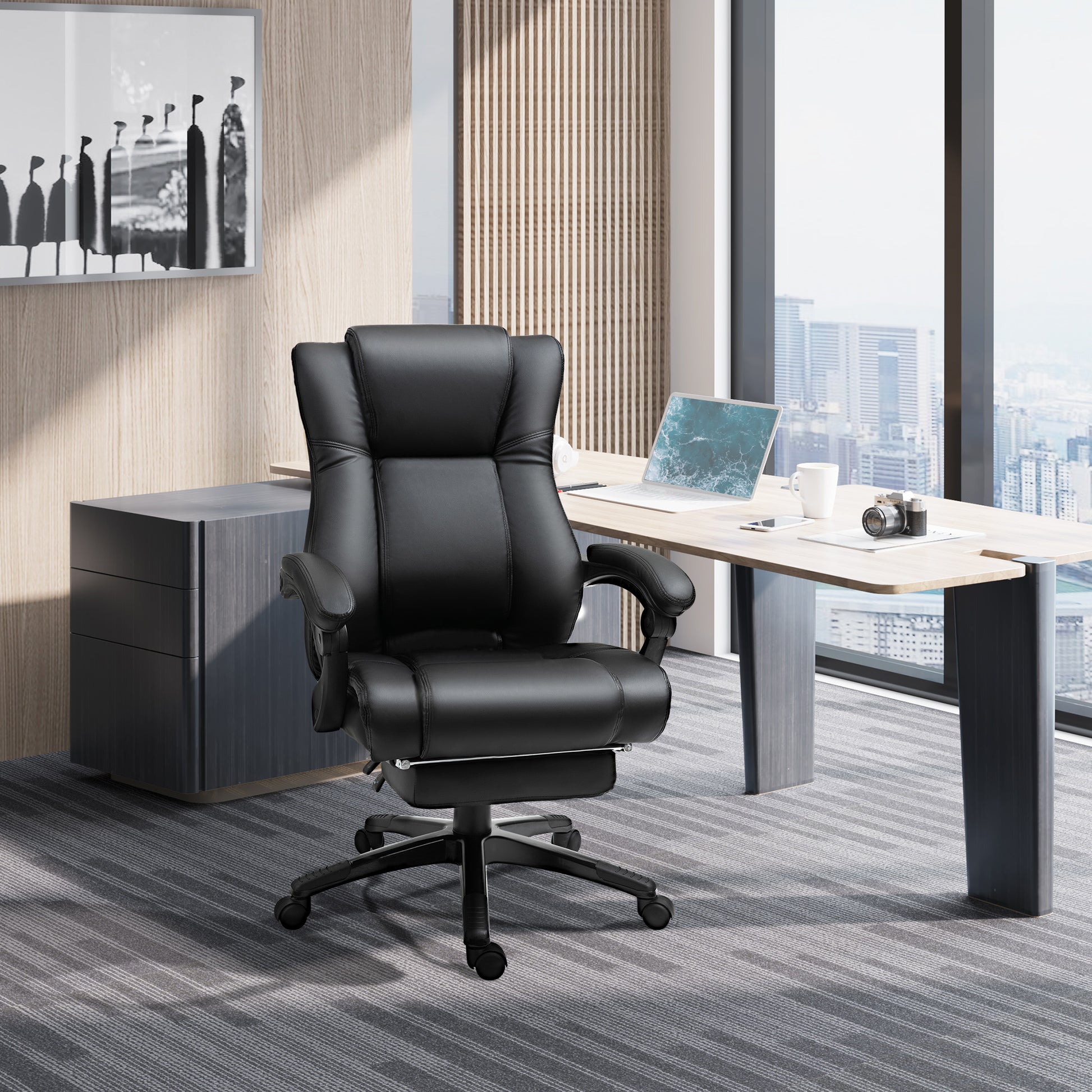 Vinsetto Executive High Back Office Chair Executive Computer Desk Chair With Pu Leather, Adjustable Height And Retractable Footrest, Black Black Pu Leather