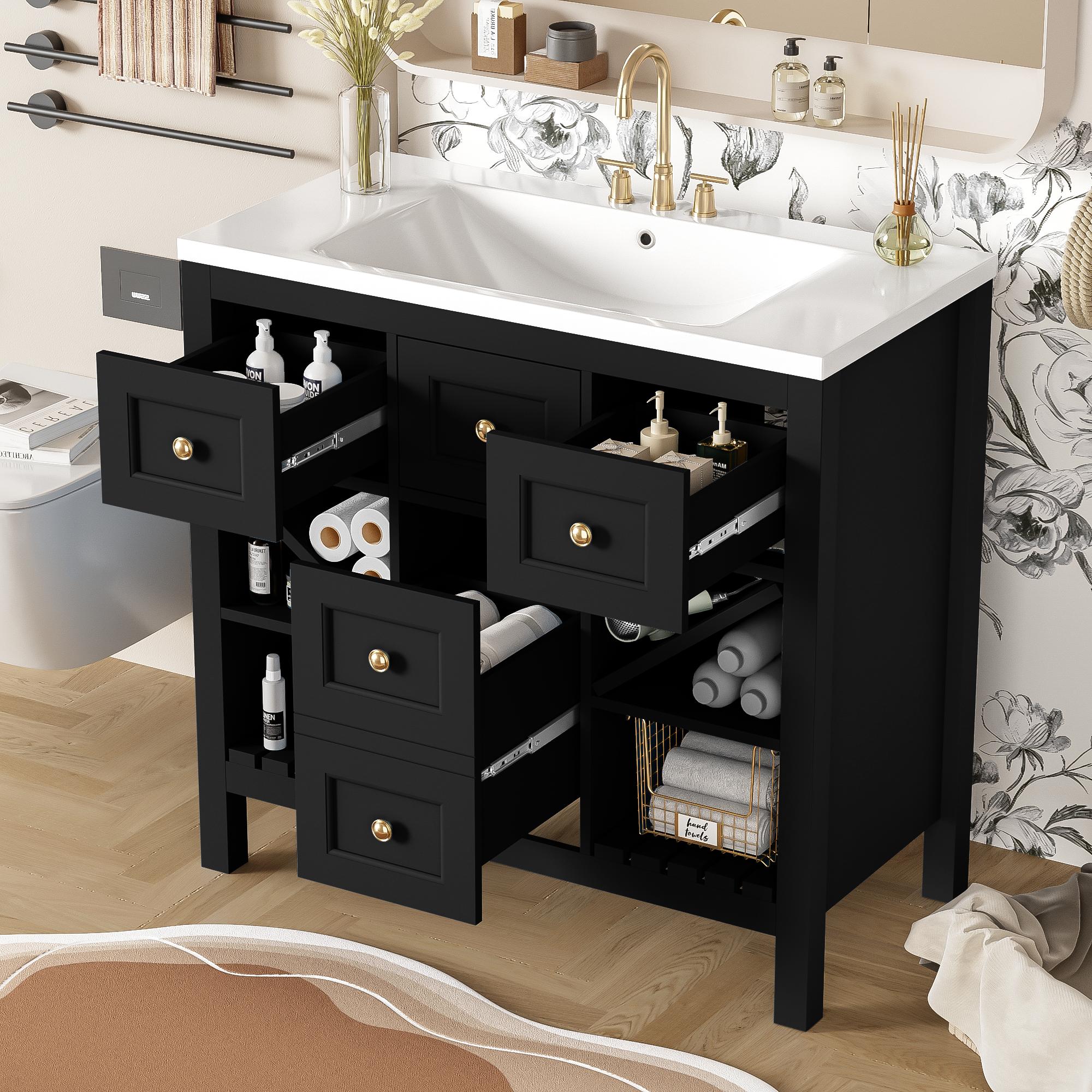 36'' Bathroom Vanity With Resin Sink Combo, Solid Wood Frame Bathroom Storage Cabinet, Freestanding Vanity Set With 5 Drawers& Soft Closing Doors Same As N710S136001B Black Bathroom Solid Wood Mdf Resin