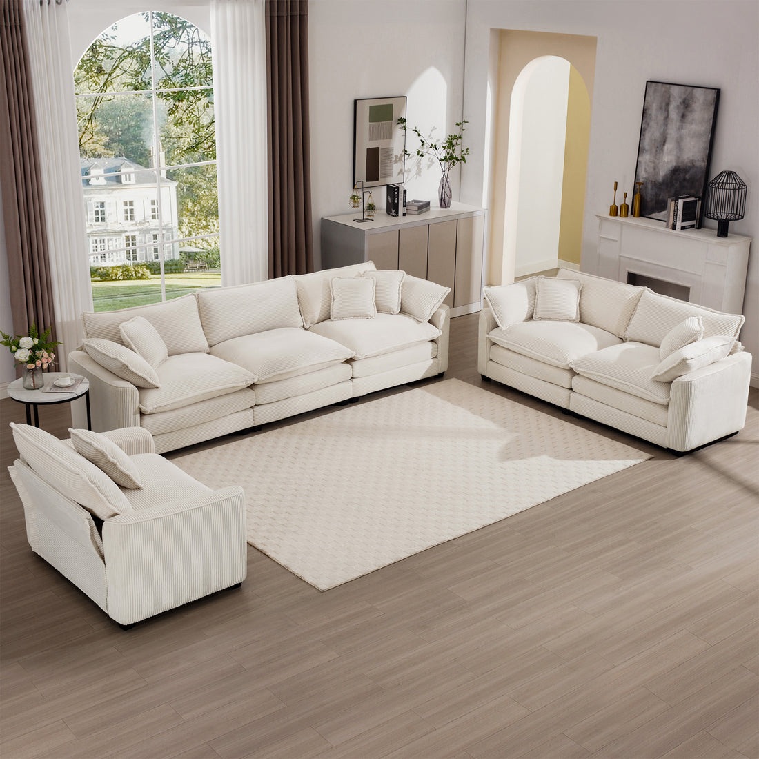 3 Piece Sofa Set, Comfortable Oversized Sofa With One Single Sofa, One 2 Seater Sofa And One 3 Seater Sofa, Light Beige Corduroy Deep Seat Sofa Beige Corduroy 6 Seat