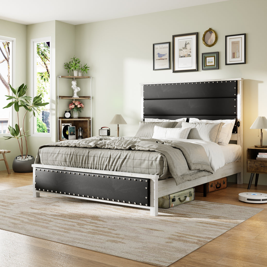 Queen Size Bed Frame With Upholstered Headboard, Queen Bed Frame With Charging Station And Led Lights, Wood Slats, Dark Gray Faux Leather & Rivets, No Box Spring Needed, Easy Assembly Box Spring Not Required Queen Antique White Gray Wood Bedroom Bed