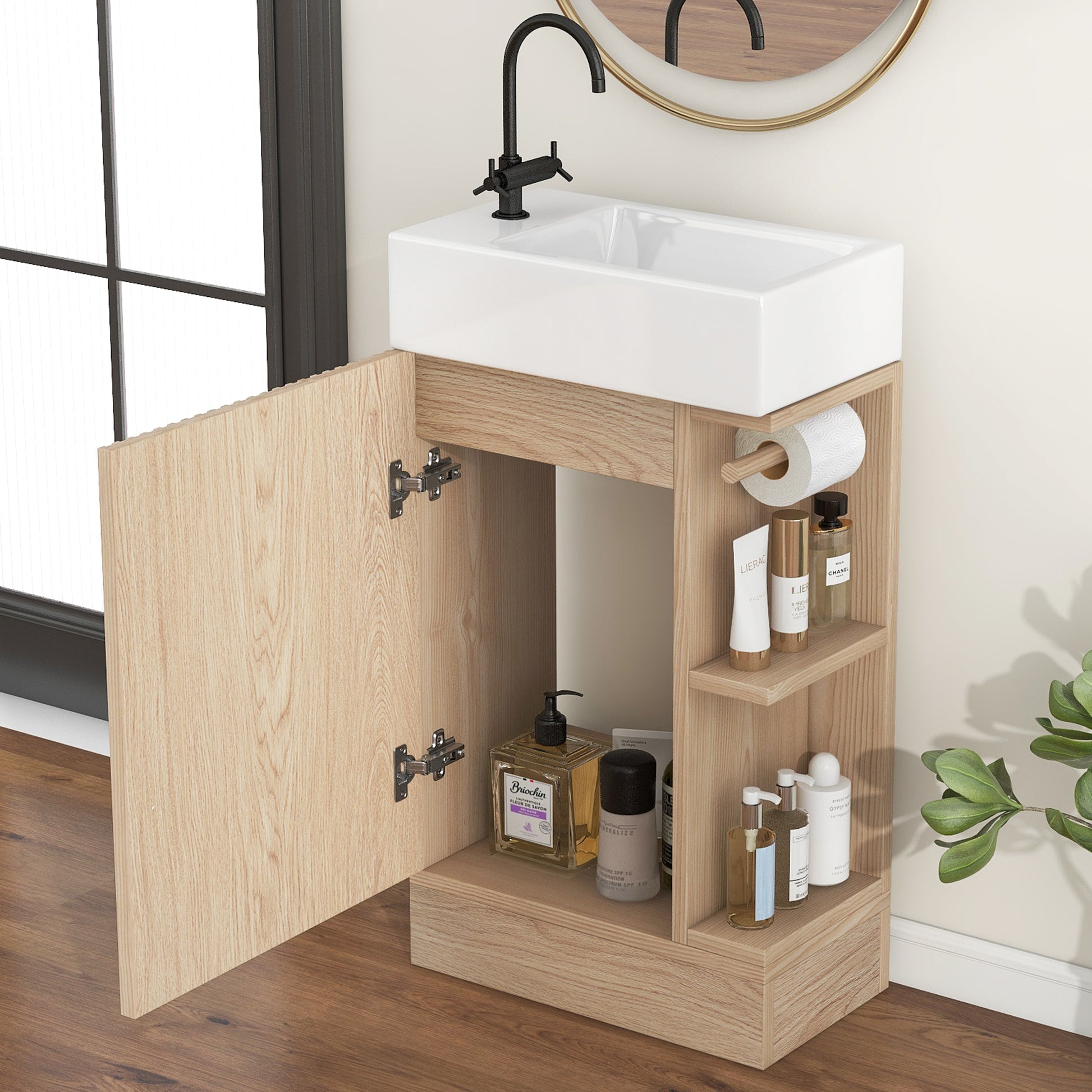 18.6" Bathroom Vanity With Sink, Bathroom Vanity Cabinet With Two Tier Shelf, Left Or Right Orientation, Natural Natural Mdf